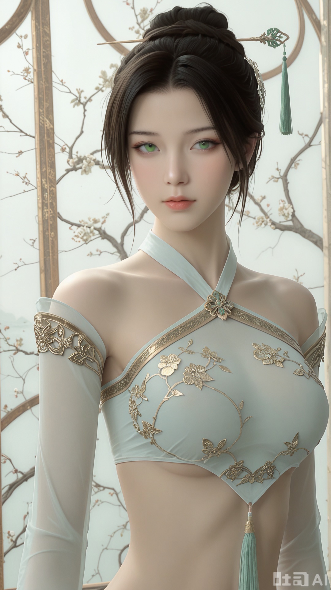 score_9,score_8, 1woman, ornament, solo, 2 green tassel triangle dudou, Glossy exquisite skin, even illumination, looking at viewer, upper_body, very awa, Solid_translucent background