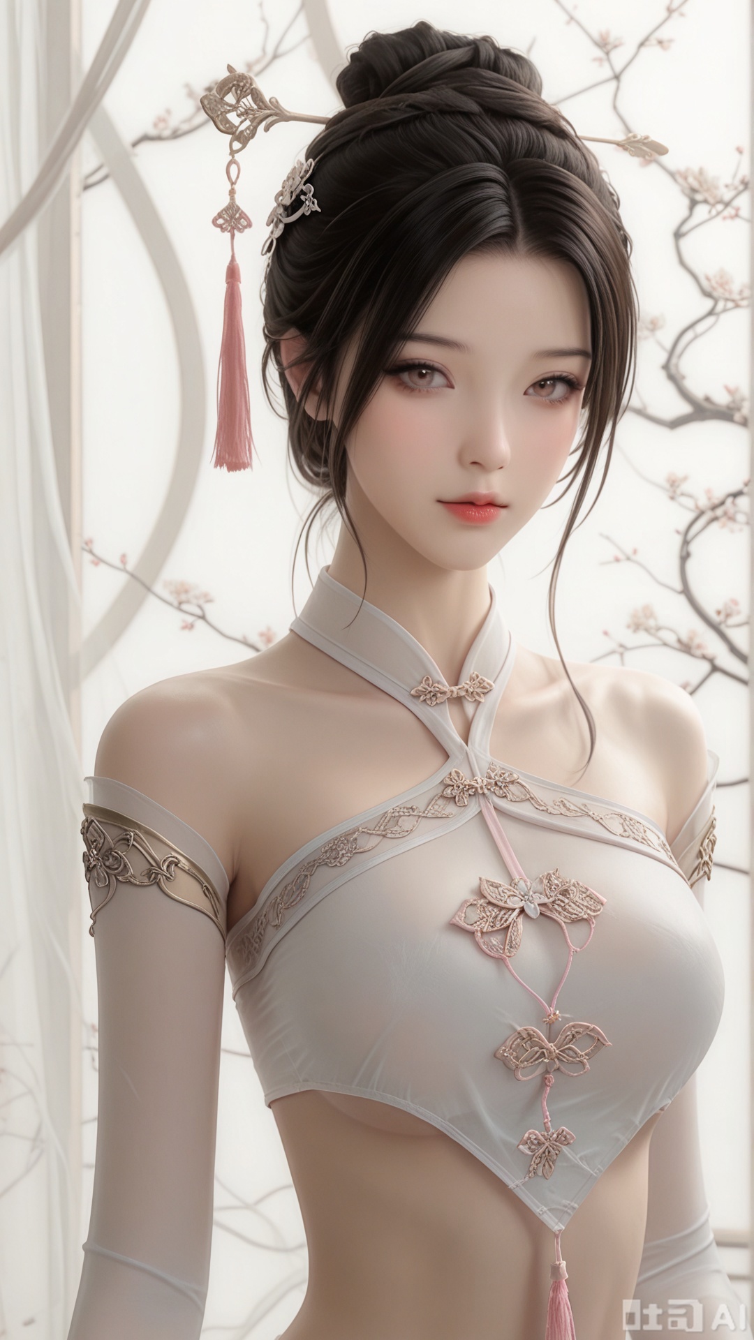 1woman, ornament, solo, pink tassel triangle dudou, Glossy exquisite skin, even illumination, looking at viewer, very awa, Solid_translucent background