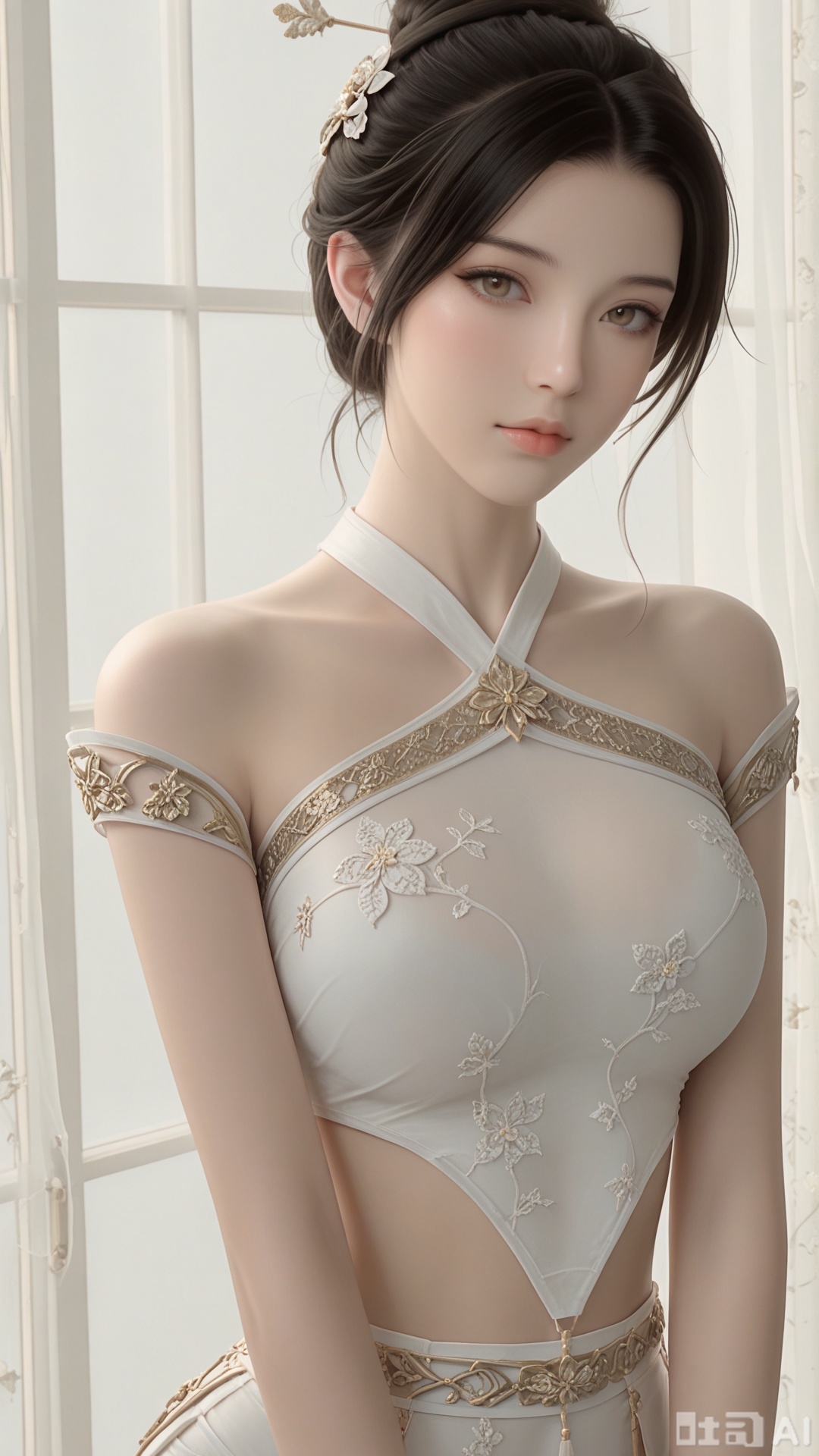 score_9,score_8, 1girl, ornament, solo, Glossy exquisite skin, even illumination, looking at viewer, very awa, Solid_translucent background