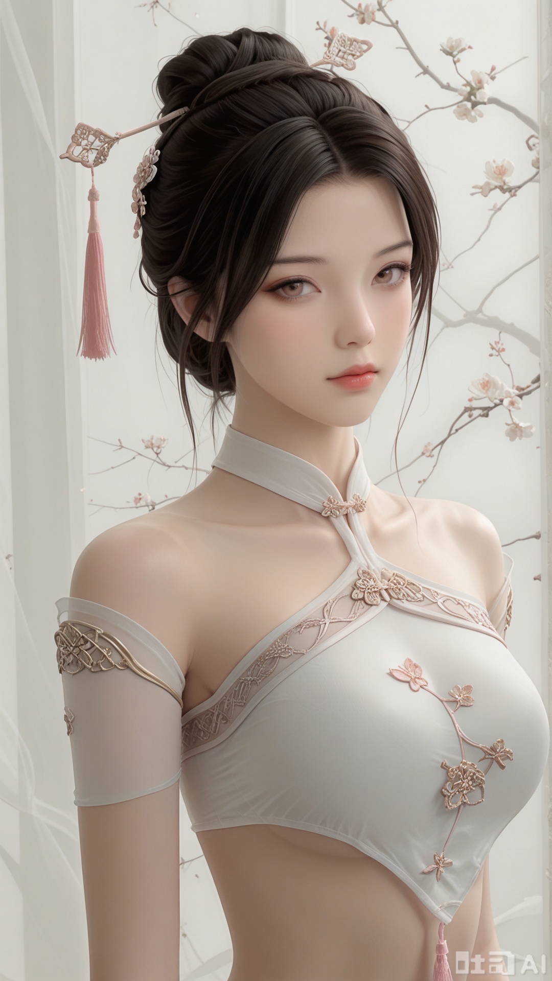 score_9,score_8, 1woman, ornament, solo, pink tassel triangle dudou, Glossy exquisite skin, even illumination, looking at viewer, upper_body, very awa, Solid_translucent background
