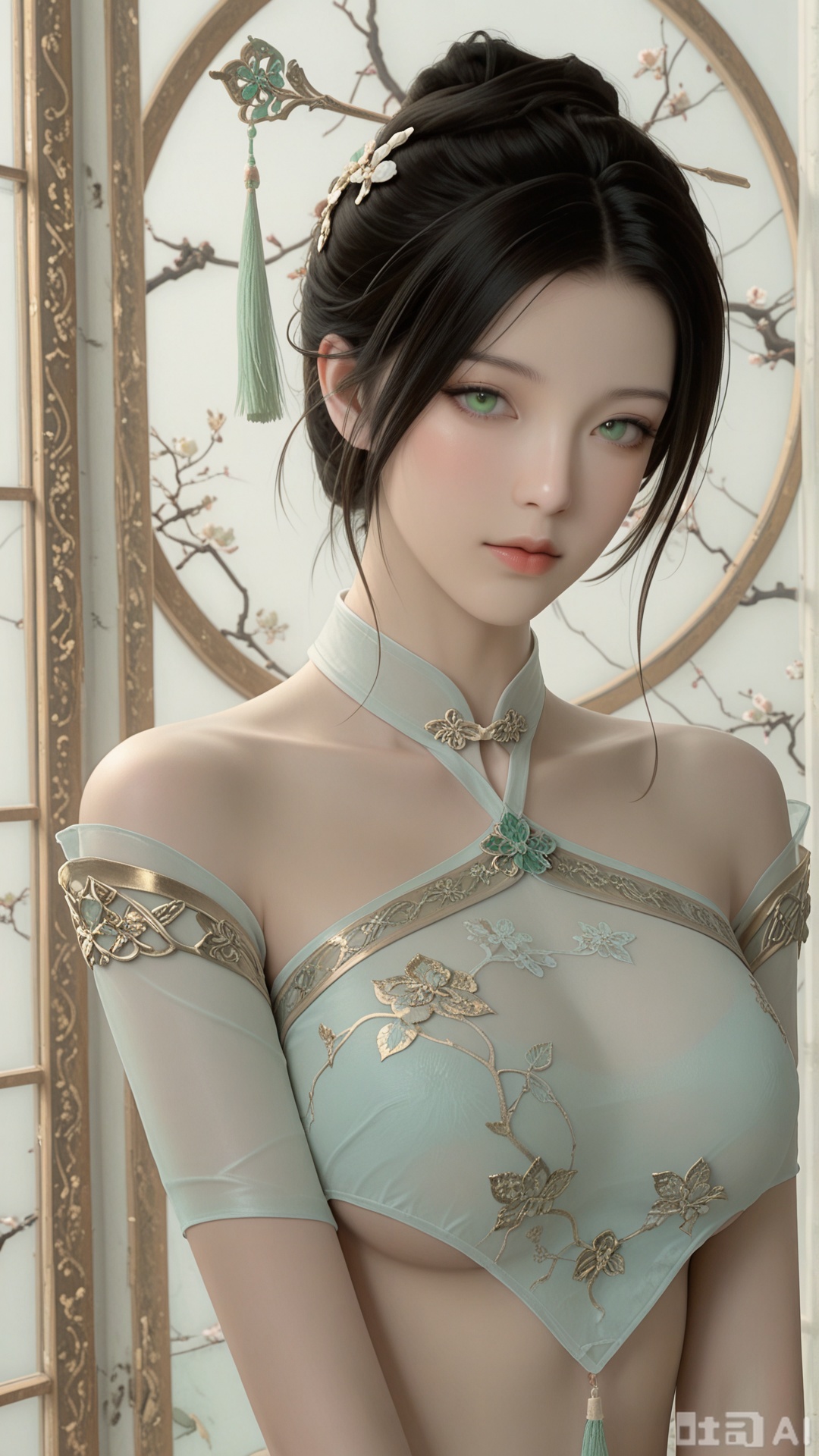 score_9,score_8, 1woman, ornament, solo, green tassel triangle dudou, Glossy exquisite skin, even illumination, looking at viewer, upper_body, very awa, Solid_translucent background