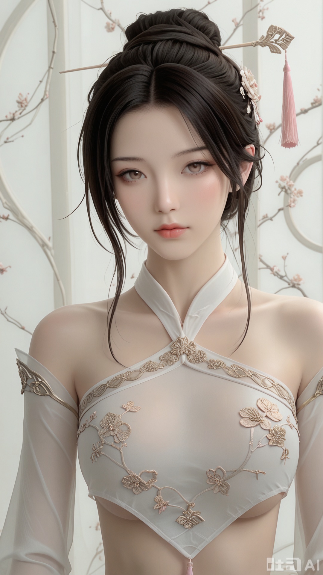 score_9,score_8, 1woman, ornament, solo, pink tassel triangle dudou, Glossy exquisite skin, even illumination, looking at viewer, upper_body, very awa, Solid_translucent background