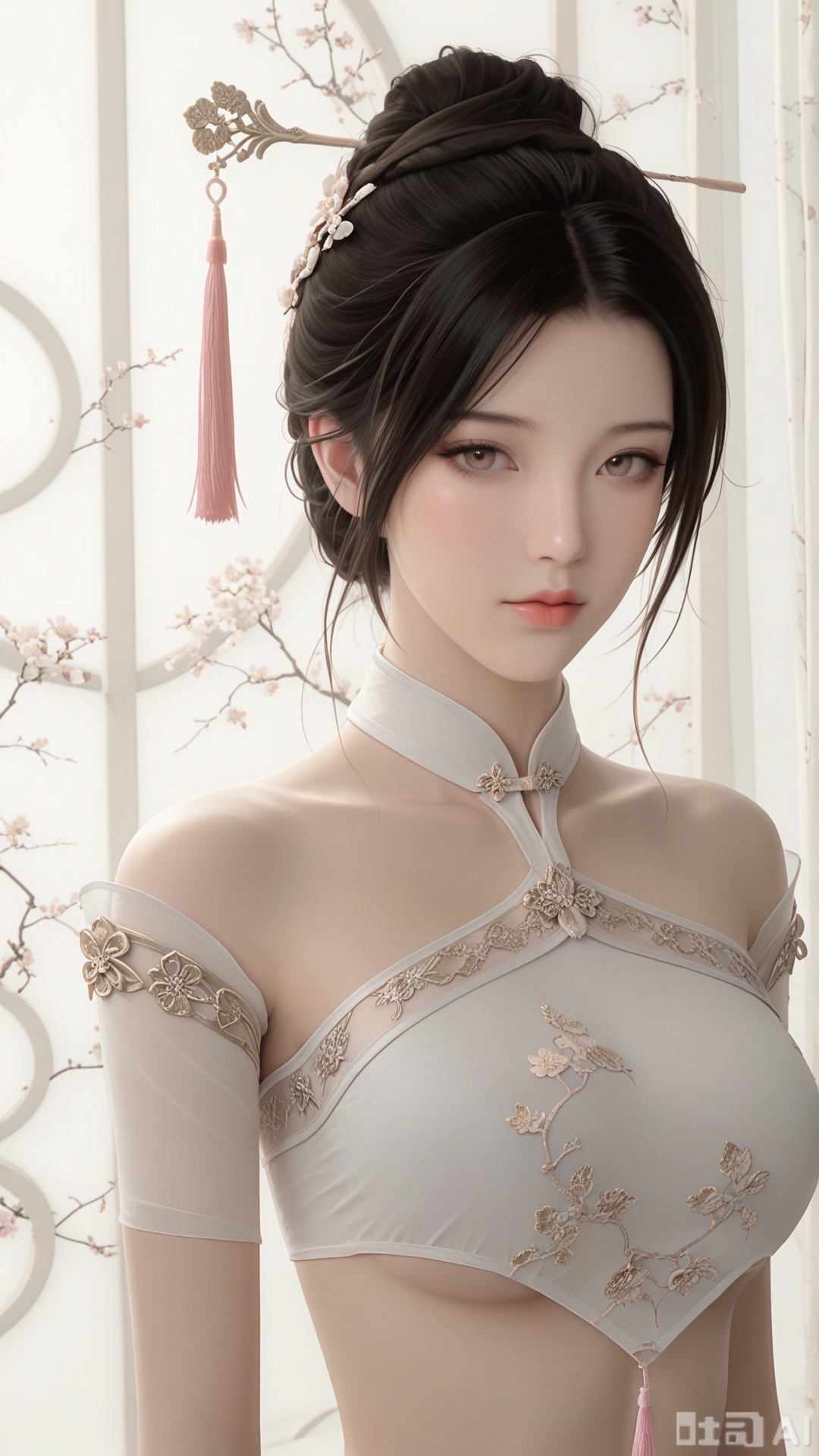 score_9,score_8, 1woman, ornament, solo, pink tassel triangle dudou, Glossy exquisite skin, even illumination, looking at viewer, upper_body, very awa, Solid_translucent background
