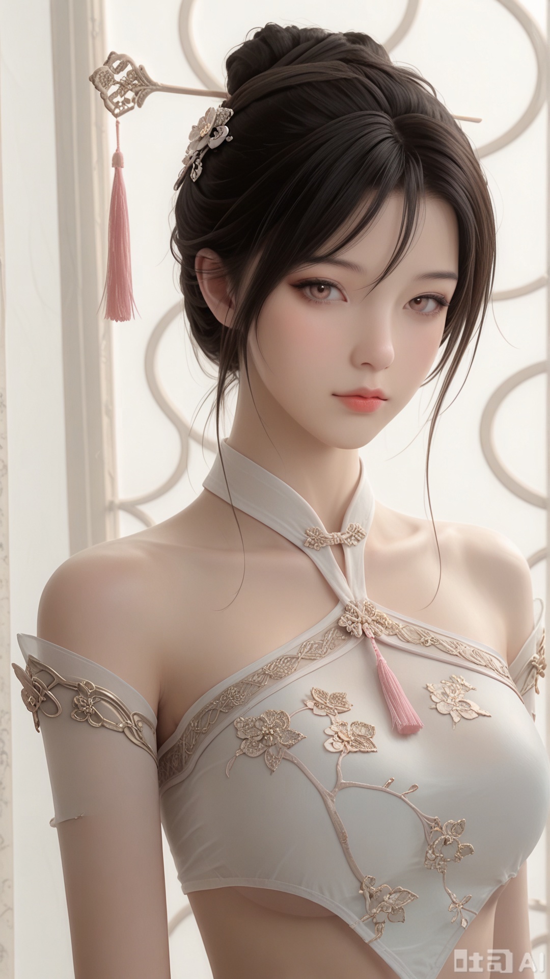 score_9,score_8, 1woman, ornament, solo, pink tassel triangle dudou, Glossy exquisite skin, even illumination, looking at viewer, upper_body, very awa, Solid_translucent background