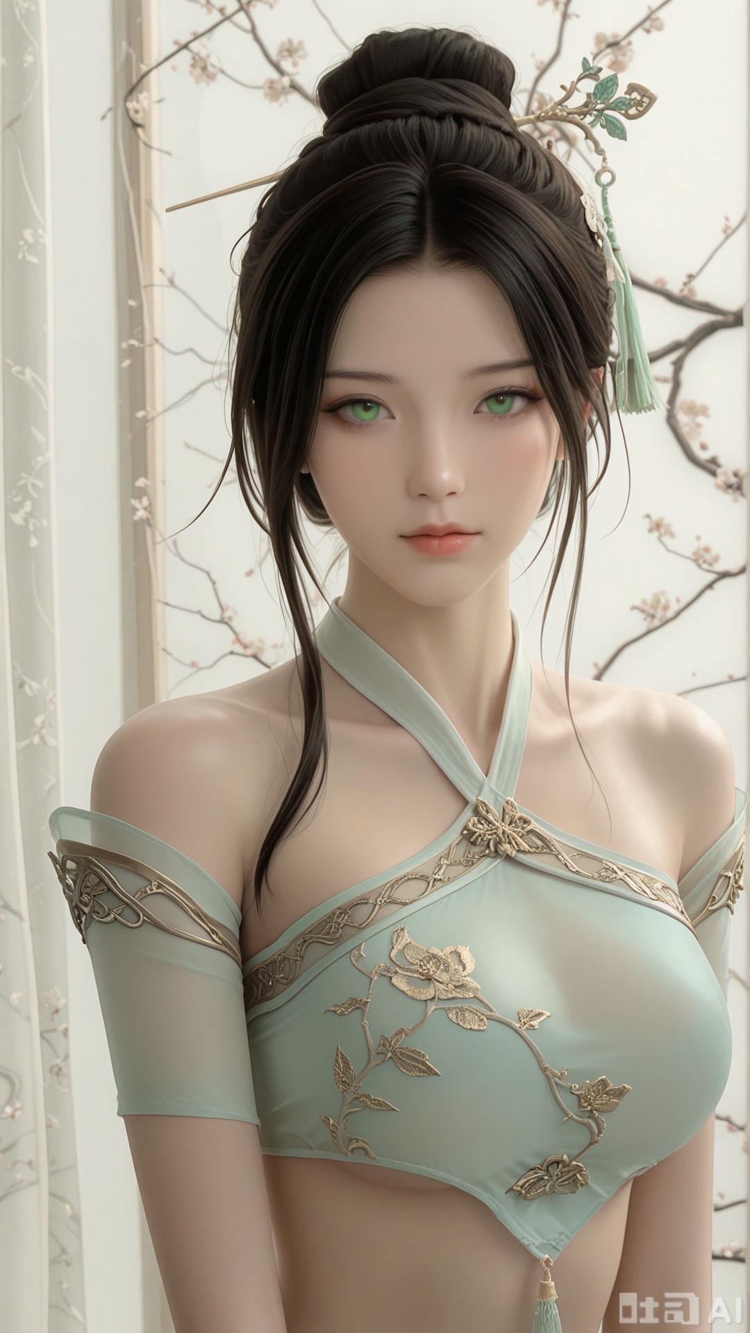 score_9,score_8, 1woman, ornament, solo, green tassel triangle dudou, Glossy exquisite skin, even illumination, looking at viewer, upper_body, very awa, Solid_translucent background