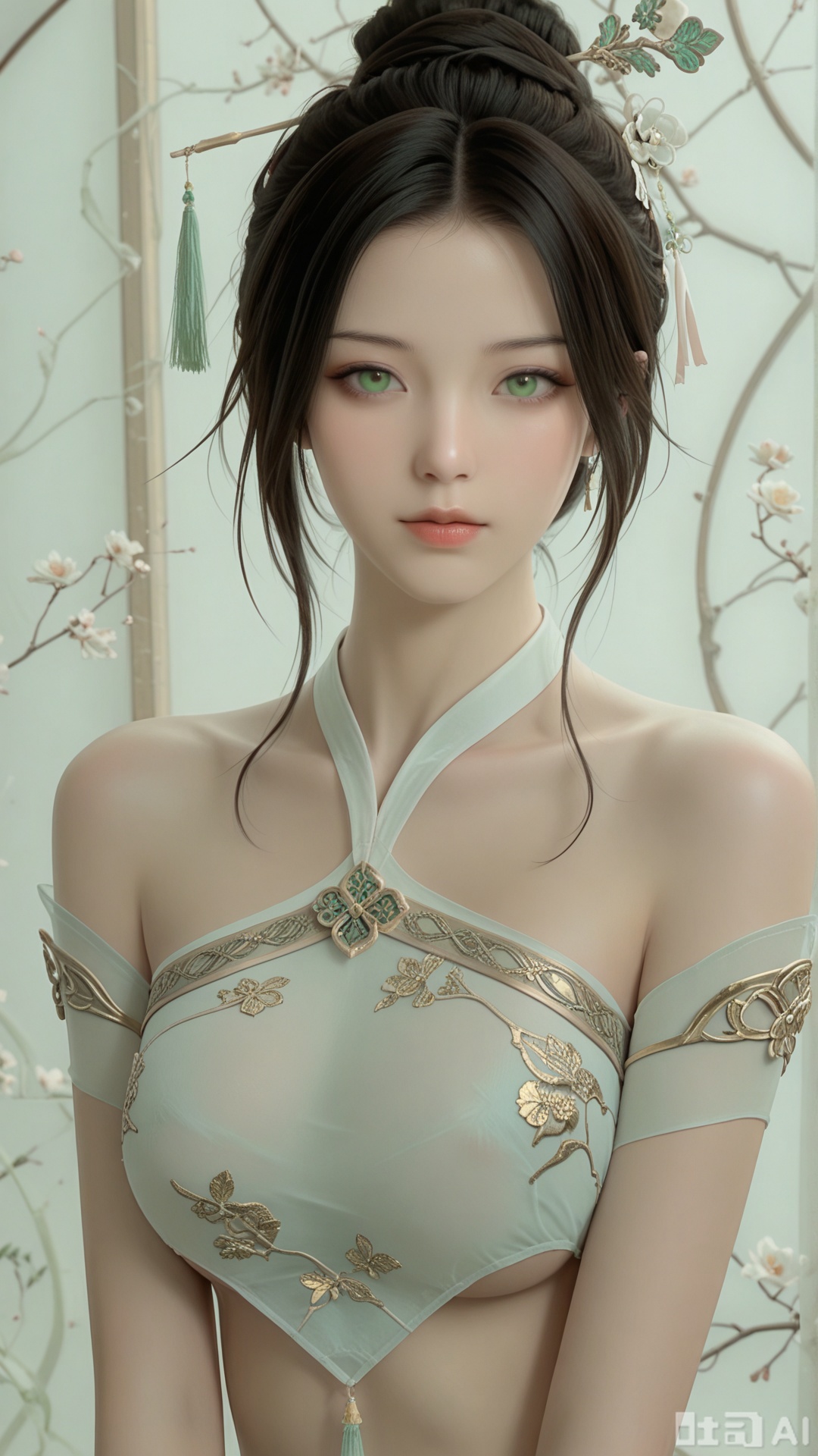 score_9,score_8, 1woman, ornament, solo, green tassel triangle dudou, Glossy exquisite skin, even illumination, looking at viewer, upper_body, very awa, Solid_translucent background