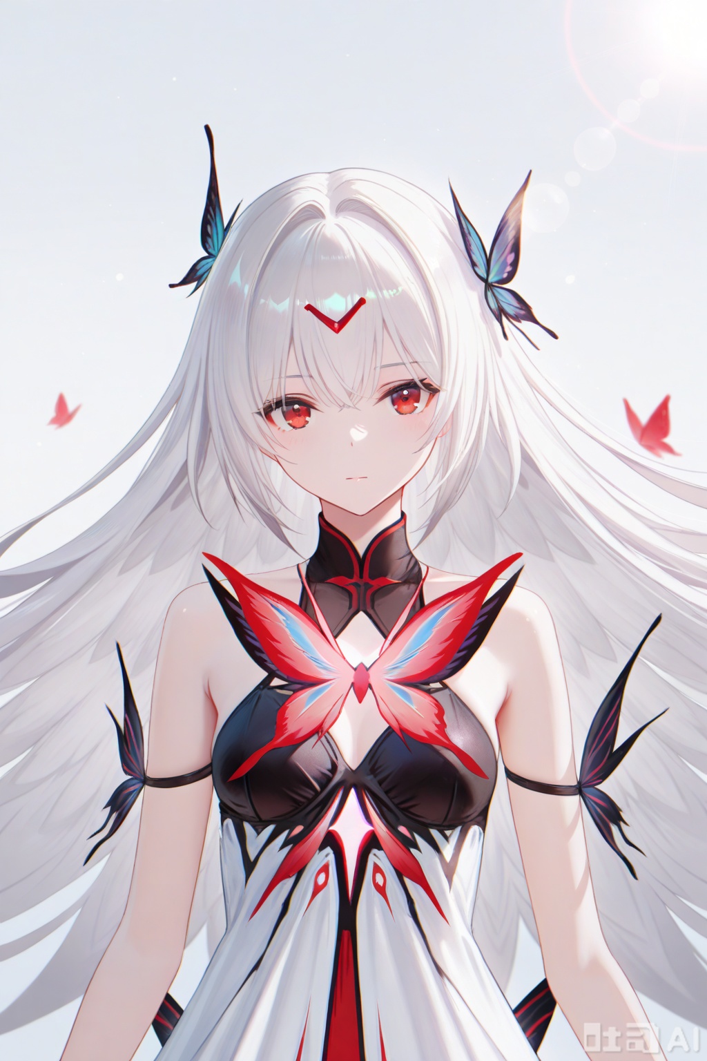 khaos lv.2,1girl, solo, long hair, looking at viewer, bangs, simple background, hair ornament, red eyes, dress, bare shoulders, very long hair, closed mouth, upper body, white hair, bug, butterfly,depth of field, light particles, lens flare, masterpiece,best quality,((artist:reoen),(artist:fuzichoco),(artist:atdan),(artist:torino_aqua:0.5),year 2024:0.5),(artist:omone_hokoma_agm:0.8), 2d, anime,