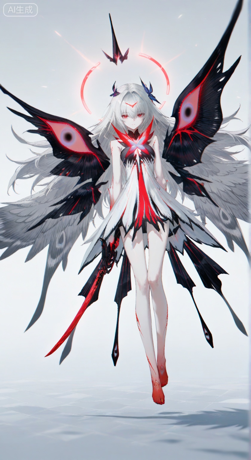khaos lv.2,khaos lv.2,1girl,long hair,red eyes,dress,holding,weapon,white hair,wings,black and white wings,barefoot,sword,holding weapon,gradient,halo,holding sword,floating,multiple wings,depth of field,light particles,(artist:quasarcake:0.8),extreme aesthetic,(wlop:0.6),wanke,rella,wanke,masterpiece,best quality,good quality,newest,year 2024,year 2023,very aesthetic,absurdres,Visual impact,A shot with tension,ultra-high resolution,32K UHD,sharp focus,best quality,masterpiece,Emotionalization masterpiece,unconventional supreme,masterful details,with a high end texture,in the style of fashion photography,(Visual impact:1.2),giving the poster a dynamic and visually striking appearance,impactful picture,offcial art,colorful,splash of color,movie perspective,masterpiece,best quality,amazing quality,very aesthetic,absurdres,best quality,newest,