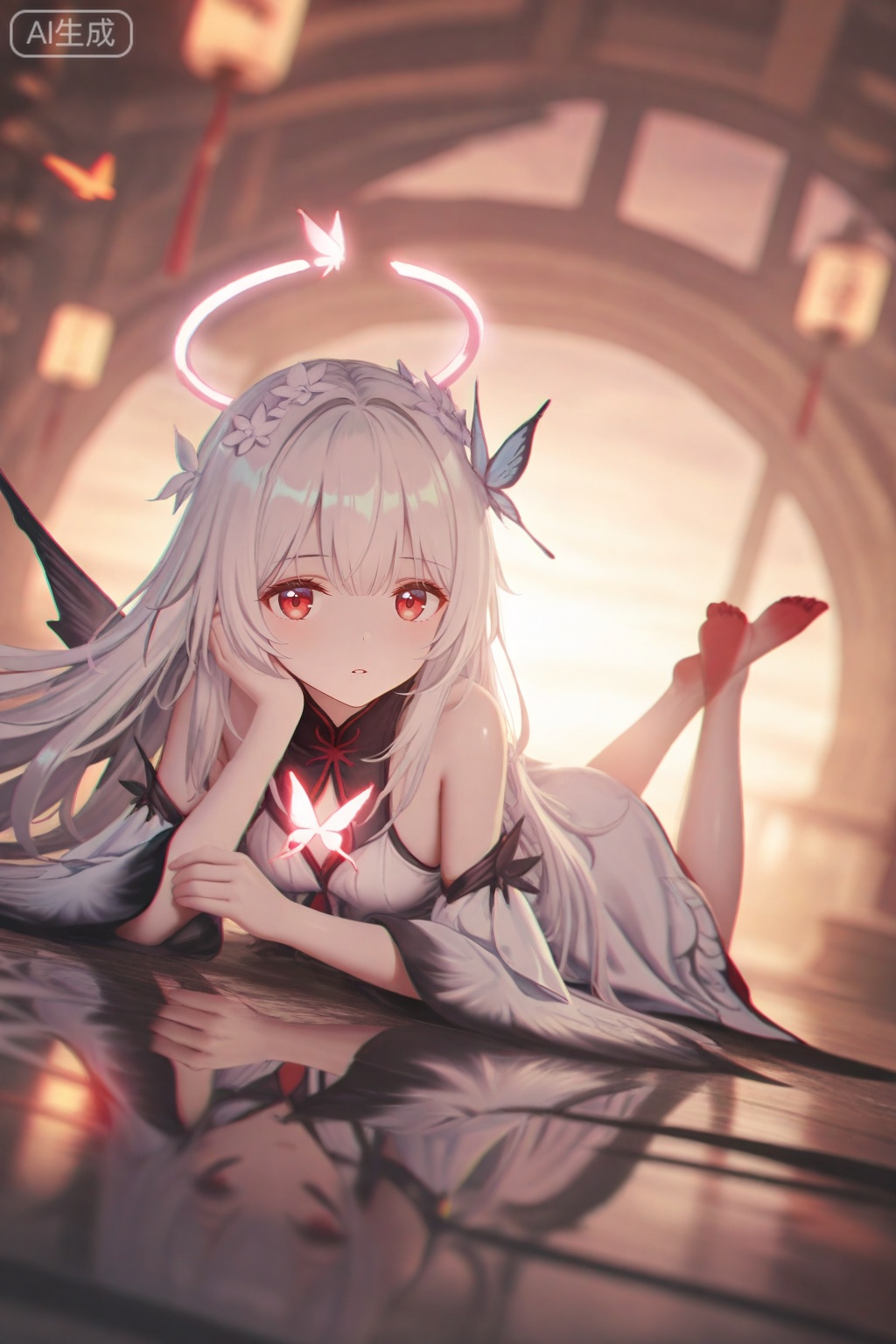 masterpiece,very aware,highres,absurdres,newest,best quality,petite,high quality,chromatic_aberration,cinematic_angle,dutch angle,photorealistic,//,artist:torino aqua,artist:rhasta,artist:wlop,artist:ke-ta,artist:hiten \(hitenkei\),//,khaos lv.2,1girl, long hair,red eyes, dress, white hair, gradient, halo,wings,red feet, looking at viewer, bangs, hair ornament, bare shoulders, very long hair,full body, flower,lying, parted lips, detached sleeves, barefoot,  white dress, feet, official alternate costume, bare legs, toes, soles, bug, on stomach, butterfly, legs up, reflection, feet up, the pose,//,official art,depth of field,detailed light,blurry background,cinematic lighting,ray tracing,ultra detailed,god rays,backlighting,photo background,film grain,chromatic aberration,volumetric lighting,depth of field,blurry background,shiny skin,floating hair,cinematic lighting,day,very aesthetic,cowboy shot,look up,head wreath