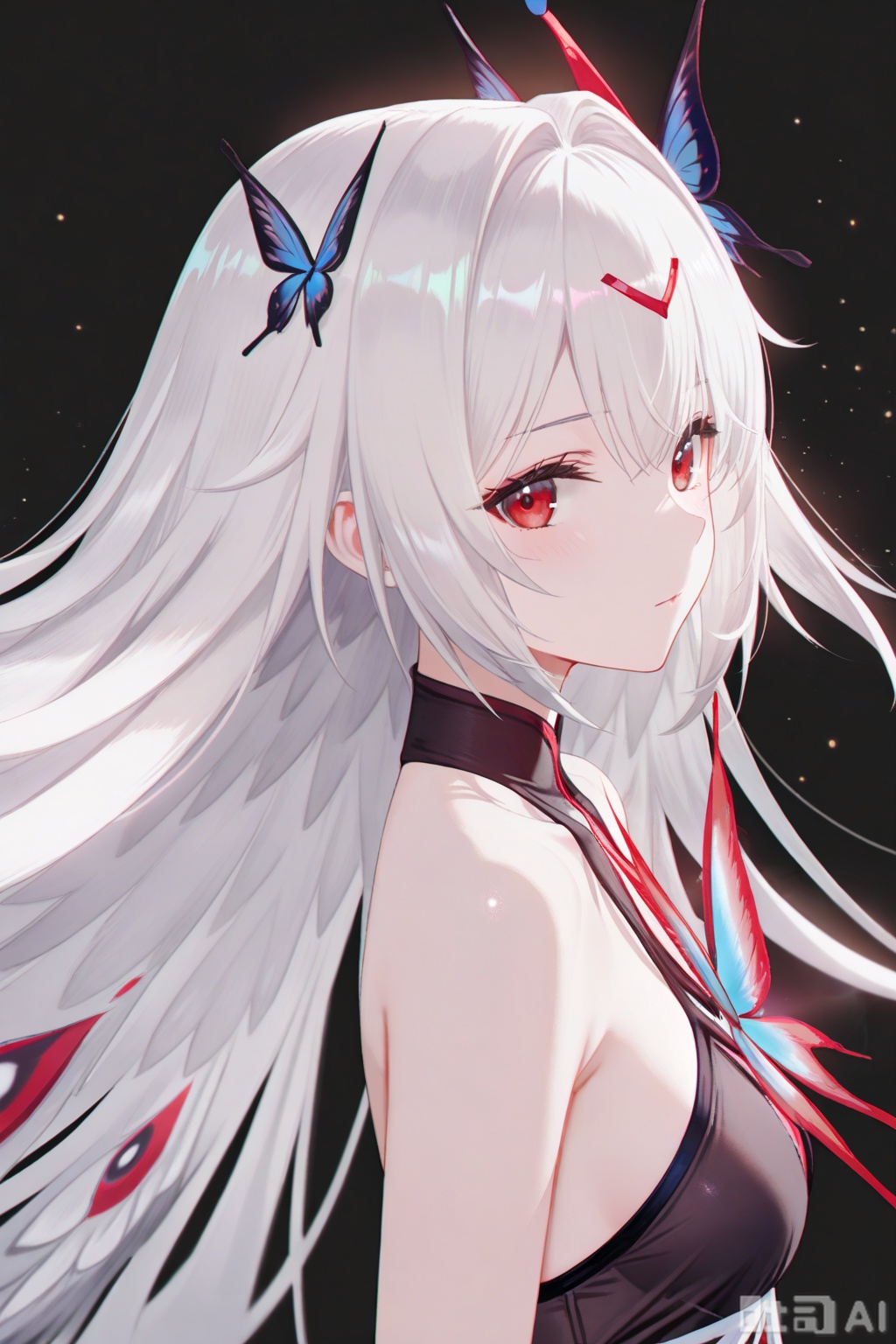 khaos lv.2,1girl, solo, long hair, looking at viewer, bangs, simple background, hair ornament, red eyes, dress, bare shoulders, very long hair, closed mouth, upper body, white hair, bug, black background, butterfly,depth of field, light particles, lens flare, masterpiece,best quality,((artist:reoen),(artist:fuzichoco),(artist:atdan),(artist:torino_aqua:0.5),year 2024:0.5),(artist:omone_hokoma_agm:0.8), 2d, anime,FROM SIDE