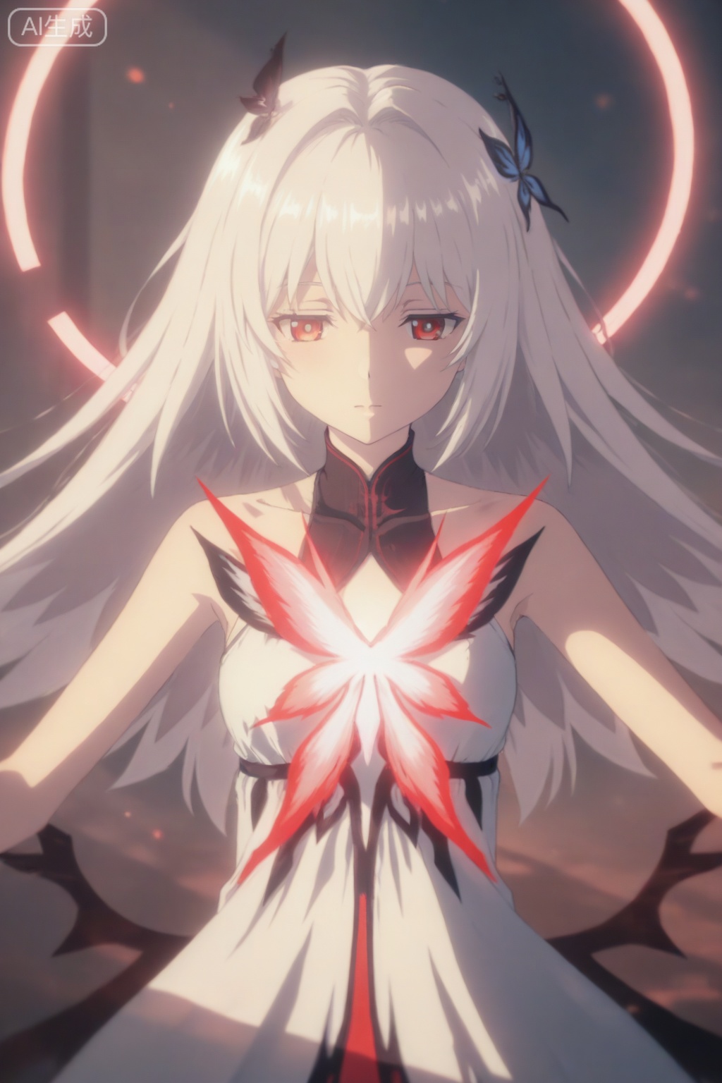 khaos lv.2,1girl, long hair,red eyes, dress, white hair, gradient, halo,,smooth anime-style texture, soft sunlight through window, depth of field, cinematic lighting, anime style, detailed eyes reflection, soft shadows,shallow focus,anime screencap,anime coloring,hair ornament