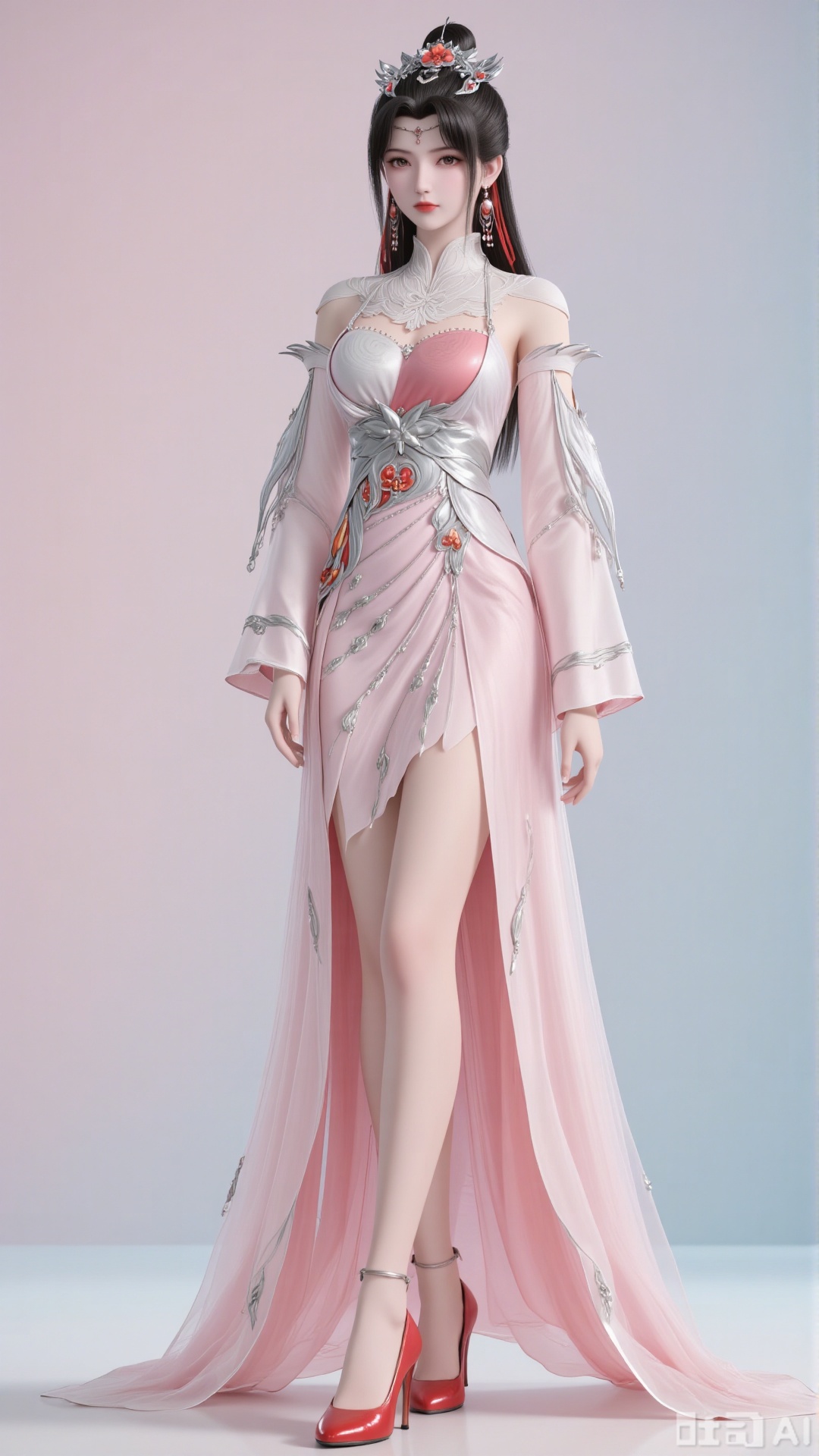 A beautiful woman in Chinese - style xianxia (immortal chivalry) attire, with a high - coiled hair bun adorned with a gorgeous metal hair crown (inlaid with rubies and decorated with silver patterns). She wears dangling red tassel earrings, has slender eyebrows and eyes paired with classic red lips, and fair skin. Her slender and long legs are elegantly crossed, exuding a temperament that is both cold and charming.
 
Costume details:
A pink - white gradient gauze long dress, with a slit design revealing her slender legs. The shoulders and arms are covered with semi - transparent tulle sleeves. There are exquisite silver - white embroideries (flowers, cloud patterns) + metal decorations (inlaid with red - orange gemstones) on the chest/waist. It has a high - necked hollow - out embroidered design and is paired with red - and - silver - colored stiletto heels.
 
Atmosphere:
A soft gradient background (a blend of pink and blue), with a dreamy feel. The light and shadow highlight the transparency of the gauze fabric of the costume and the three - dimensionality of the character. The overall style is exquisite and realistic, like the CG quality of a xianxia game.,3d_character_lm