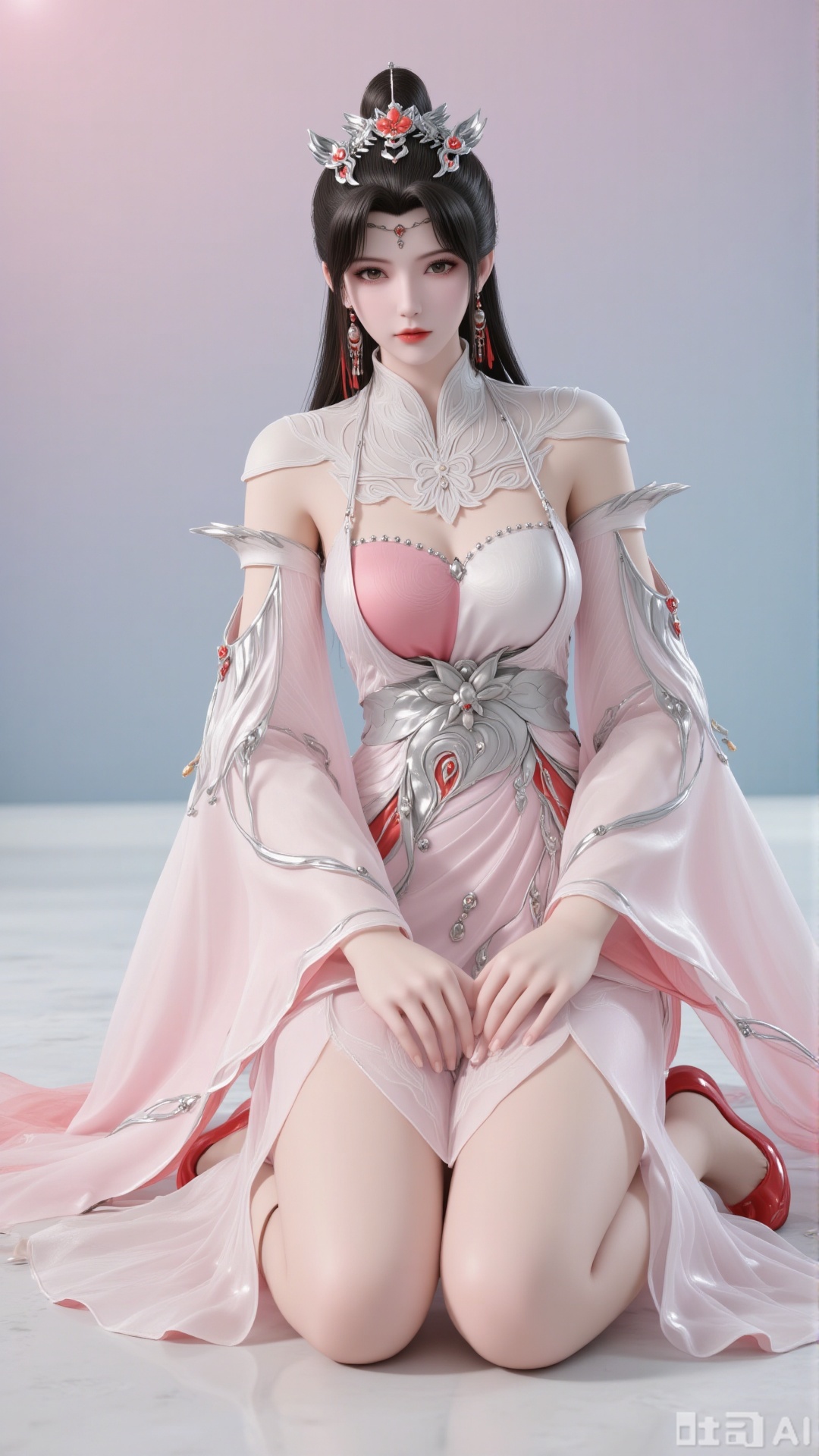 A Chinese-style xianxia beauty kneeling on the ground, with a high-coiled hair bun adorned with a gorgeous metal hair crown (inlaid with rubies and featuring silver patterns). She wears dangling red tassel earrings, has slender eyes paired with classic red lips, and fair skin. Her long, slender legs are elegantly crossed, exuding a temperament that is both cold and charming.
 
Costume details:
A pink-white gradient gauze long dress with a slit design, revealing her slender legs. The shoulders and arms are covered with semi-transparent tulle sleeves. There are exquisite silver-white embroideries (in patterns of flowers and clouds) and metal decorations (inlaid with red-orange gemstones) on the chest and waist. It has a high-necked hollow-out embroidered design, paired with red-and-silver stiletto heels.
 
Atmosphere:
A soft gradient background (a blend of pink and blue) with a dreamy feel. The light and shadow highlight the transparency of the gauze fabric and the three-dimensionality of the character. The overall style is exquisite and realistic, resembling the CG quality of a xianxia game.