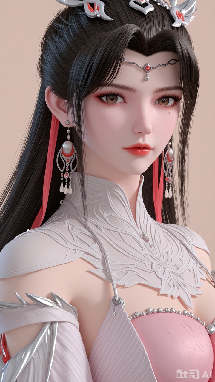 Close-up of the upper body, one girl, head, looking at the camera, jewelry, earrings, long black hair, chest, brown eyes, eyelashes, hair accessories, dress, wide sleeves, white dress, pink dress, plain beige background. Light and shadow. Full of natural light. Bright.,liumei,3d_character_lm
