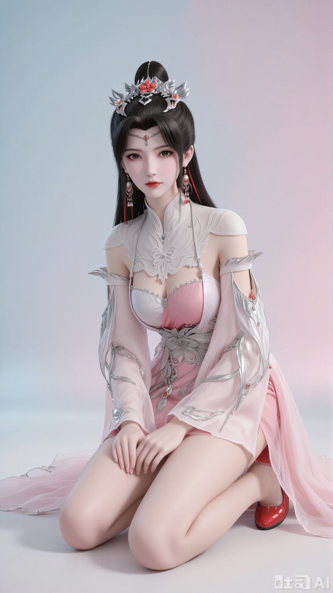 A Chinese-style xianxia beauty kneeling on the ground, with a high-coiled hair bun adorned with a gorgeous metal hair crown (inlaid with rubies and featuring silver patterns). She wears dangling red tassel earrings, has slender eyes paired with classic red lips, and fair skin. Her long, slender legs are elegantly crossed, exuding a temperament that is both cold and charming.
 
Costume details:
A pink-white gradient gauze long dress with a slit design, revealing her slender legs. The shoulders and arms are covered with semi-transparent tulle sleeves. There are exquisite silver-white embroideries (in patterns of flowers and clouds) and metal decorations (inlaid with red-orange gemstones) on the chest and waist. It has a high-necked hollow-out embroidered design, paired with red-and-silver stiletto heels.
 
Atmosphere:
A soft gradient background (a blend of pink and blue) with a dreamy feel. The light and shadow highlight the transparency of the gauze fabric and the three-dimensionality of the character. The overall style is exquisite and realistic, resembling the CG quality of a xianxia game.