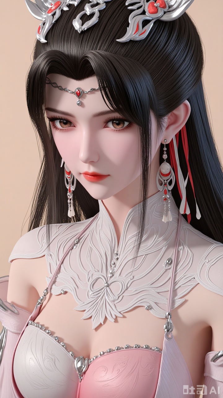 Close-up of the upper body, one girl, head, looking at the camera, jewelry, earrings, long black hair, chest, brown eyes, eyelashes, hair accessories, dress, wide sleeves, white dress, pink dress, plain beige background. Light and shadow. Full of natural light. Bright.,liumei,3d_character_lm