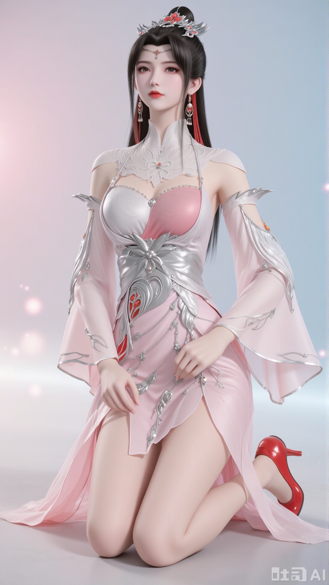 A Chinese-style xianxia beauty kneeling on the ground, with a high-coiled hair bun adorned with a gorgeous metal hair crown (inlaid with rubies and featuring silver patterns). She wears dangling red tassel earrings, has slender eyes paired with classic red lips, and fair skin. Her long, slender legs are elegantly crossed, exuding a temperament that is both cold and charming.
 
Costume details:
A pink-white gradient gauze long dress with a slit design, revealing her slender legs. The shoulders and arms are covered with semi-transparent tulle sleeves. There are exquisite silver-white embroideries (in patterns of flowers and clouds) and metal decorations (inlaid with red-orange gemstones) on the chest and waist. It has a high-necked hollow-out embroidered design, paired with red-and-silver stiletto heels.
 
Atmosphere:
A soft gradient background (a blend of pink and blue) with a dreamy feel. The light and shadow highlight the transparency of the gauze fabric and the three-dimensionality of the character. The overall style is exquisite and realistic, resembling the CG quality of a xianxia game.