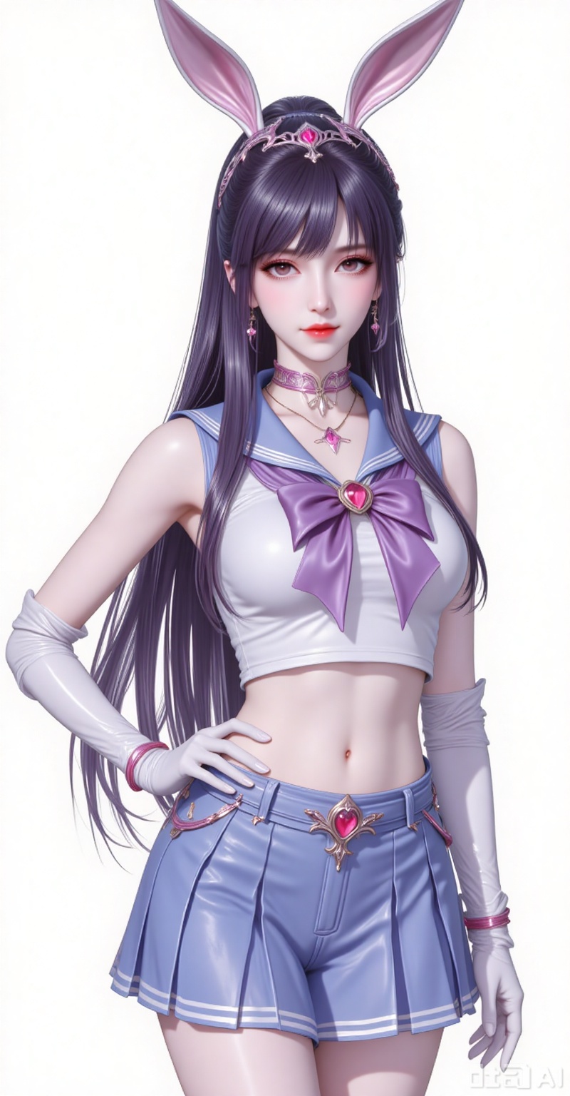 xiaowu,animal ears,rabbit ears,hair ornament,ponytail,long hair,black hair,closed mouth,bangs
1girl,sailor senshi uniform,solo,jewelry,skirt,gloves,earrings,blue skirt,white gloves,sailor collar,bow,breasts,choker,elbow gloves,magical girl,back bow,covered navel,pleated skirt,looking at viewer,brooch,purple bow,heart brooch,red choker,miniskirt,closed mouth,large breasts,collarbone,red gemstone,tiara,cowboy shot,
white_background,simple background,
lvjing,lvjing,mocaihuan,guanghuapifu,meidusha,qianrenxue,xiaoyixian,mingzhufuren,xiaowu