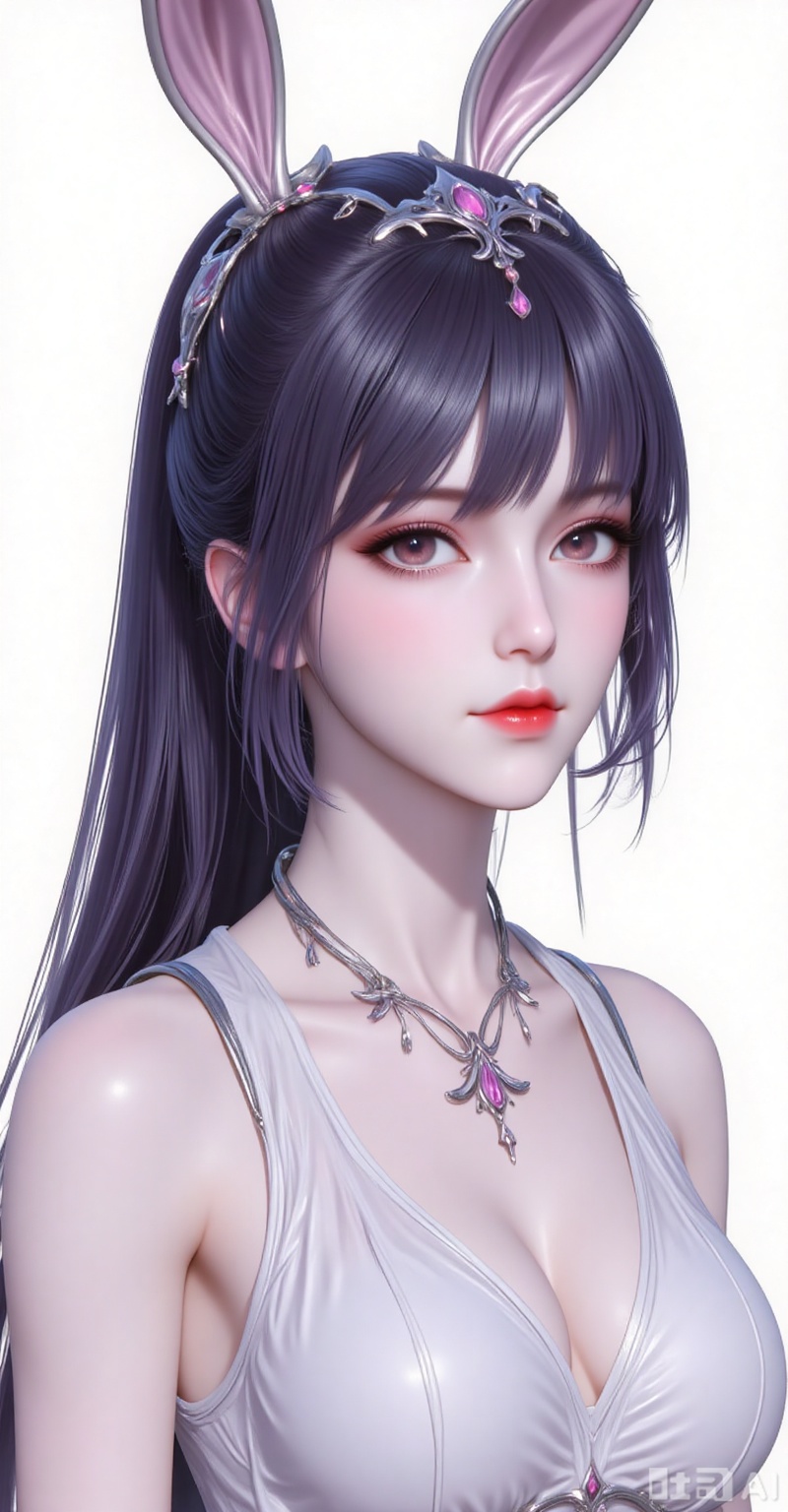 xiaowu,animal ears,rabbit ears,hair ornament,ponytail,long hair,black hair,closed mouth,bangs
dress, jewelry, white dress,looking_at_viewer,upper body,
white_background,simple background,
lvjing,lvjing,mocaihuan,guanghuapifu,meidusha,qianrenxue,xiaoyixian,mingzhufuren,xiaowu