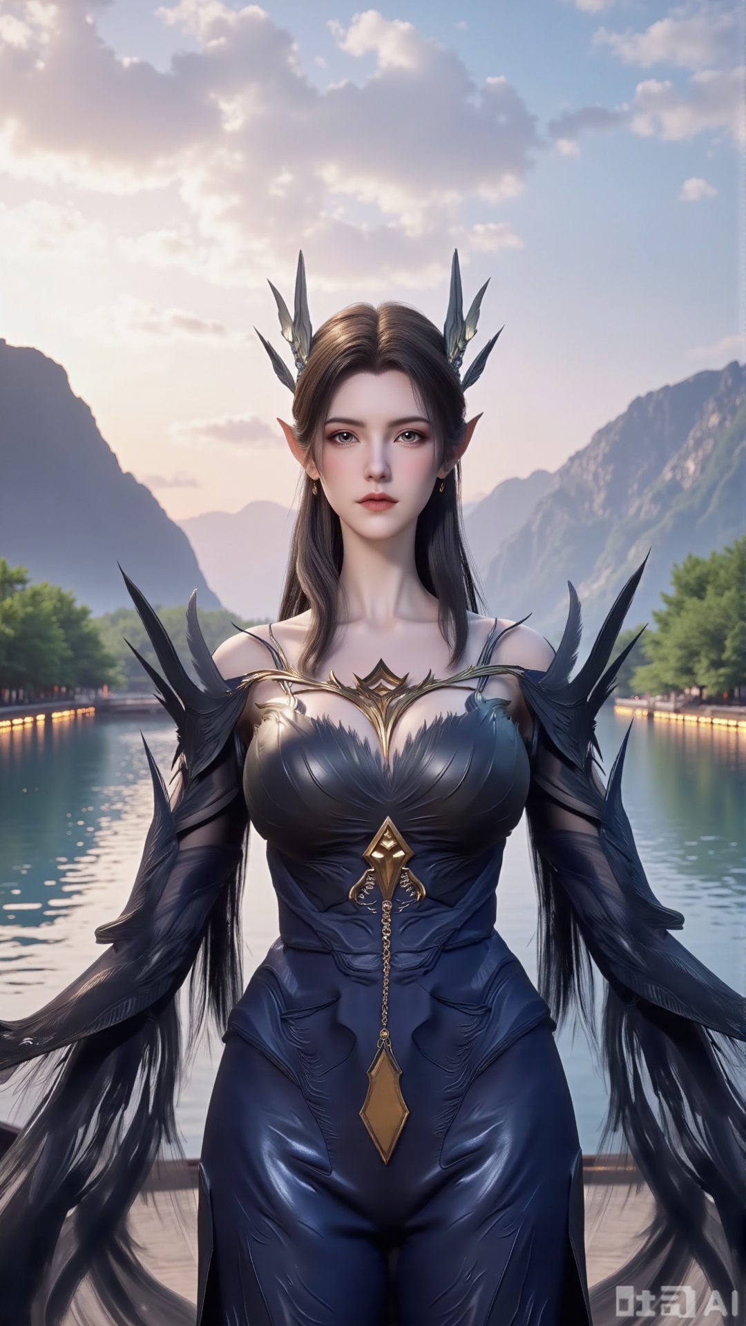 (masterpiece, best quality:1.2),1 girl, solo, long hair, black hair, hair accessories, clothing, cleavage cuts, long dress, jewelry, upper body, earrings. Background is outdoor, sky, clouds, water, trees, architecture, landscape, lantern, mountain, dragon, architecture, bridge, east Asian architecture, fog, pagoda,(huge breasts:2.99),(full breasts:2.99),Xaili2,XyunxiaoYH5,XlinziyueXZ,XtuliH,Xbigbreasts,XMedusaQueen,Xmiaozushaonv,Xkejinnvdi,Xbijinvshen