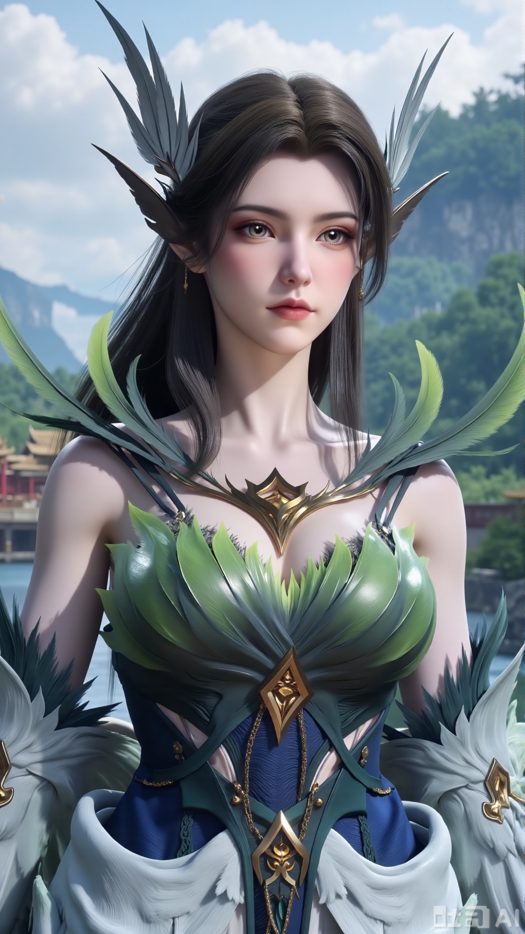 (masterpiece, best quality:1.2),1 girl, solo, long hair, black hair, hair accessories, clothing, cleavage cuts, long dress, jewelry, upper body, earrings. Background is outdoor, sky, clouds, water, trees, architecture, landscape, lantern, mountain, dragon, architecture, bridge, east Asian architecture, fog, pagoda,(huge breasts:2.99),(full breasts:2.99),Xaili2,XyunxiaoYH5,XlinziyueXZ,XtuliH,Xbigbreasts,XMedusaQueen,Xmiaozushaonv,Xkejinnvdi,Xbijinvshen