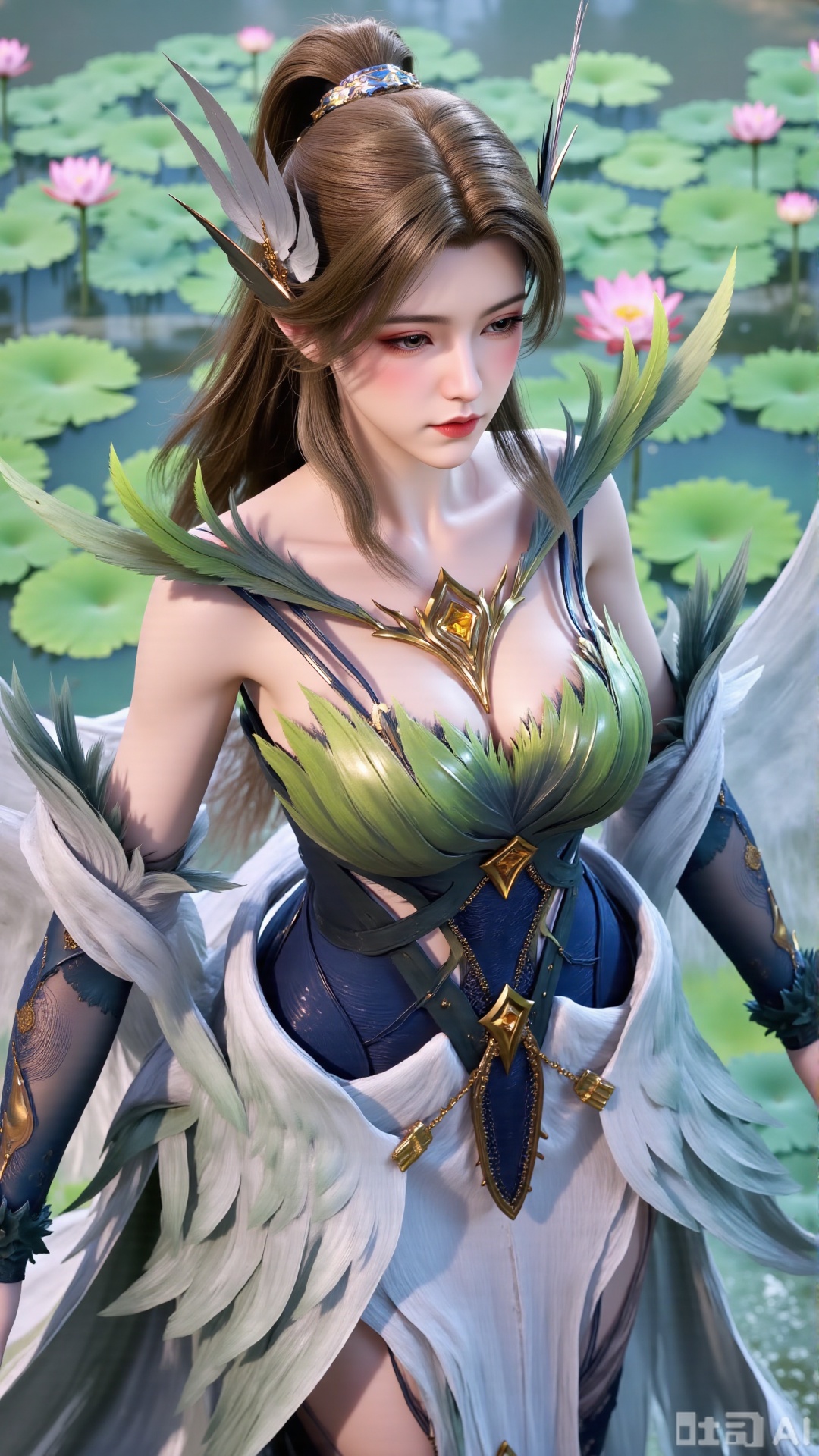 (masterpiece, best quality:1.2),1girl, navel, solo, midriff, bare shoulders, hair ornament,(long hair),(High double ponytail:1.49), red lips, BREAK, (looking at viewer:1.39), chinese clothes,(Holographic long dress:1.36), (lace,Rainbow Gradient Color:1.28), BREAK,blurry, solo focus, long hair, lips, daytime, lipstick, outdoors, standing,upper body,(huge breasts:2.89), background, solo, makeup,(Liquid glass style flowers:1.49),(huge breasts:2.99),(full breasts:2.99),,(Background with lotus pond and pink lotus flowers:1.39),Xaili2,XyunxiaoYH5,XlinziyueXZ,XtuliH,Xbigbreasts,XMedusaQueen,Xmiaozushaonv,Xkejinnvdi,Xbijinvshen