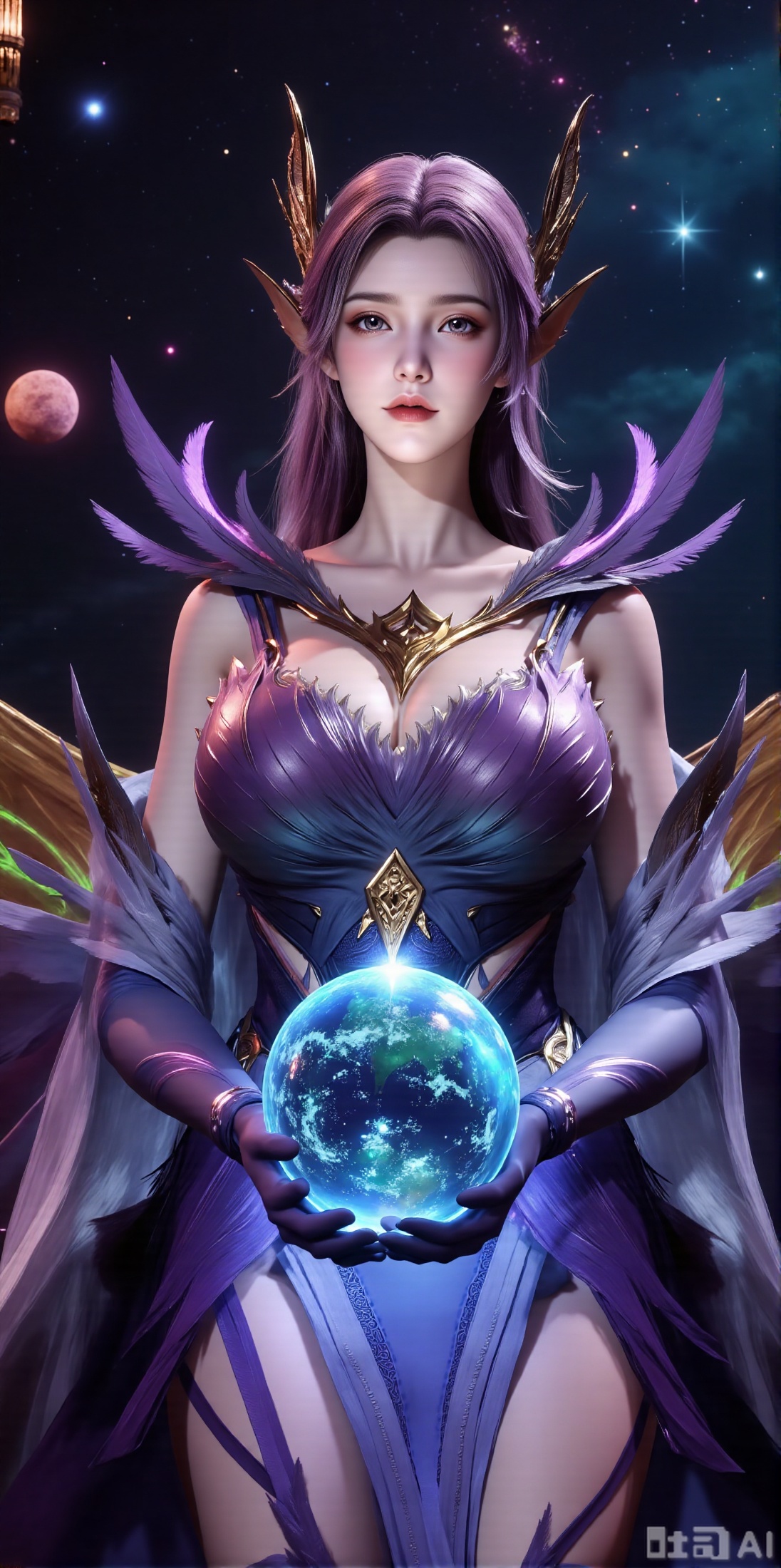 (masterpiece, best quality:1.2),Realistic details, ultra-clear, wallpaper, 8k, masterpiece, masterpiece, best quality, high quality, flowing long hair, exquisite hair accessories, headdresses, cyberpunk electronic luminous clothing, full body multi-luminous line light strips, cyberpunk luminous lines colorful. The sacred light, the cosmic space background, the planets of different colors around, the nebula flows, the stars twinkle, the golden willow branches stretch, holding an earth with both hands, the details of the earth's surface, the texture of mountains, rivers and oceans, the surrounding planets, planets of all sizes, traces of planets orbits, dreamy light and shadow effects.,(huge breasts:2.99),(full breasts:2.99),,XyunxiaoYH3,Xfenlanzhanguopao,XbaifengsongyuYH,Xbigbreasts,XLiquidGlass,XnanxiaochengYH,Xmiaozufushi,Xkejinnudi,Xbiji