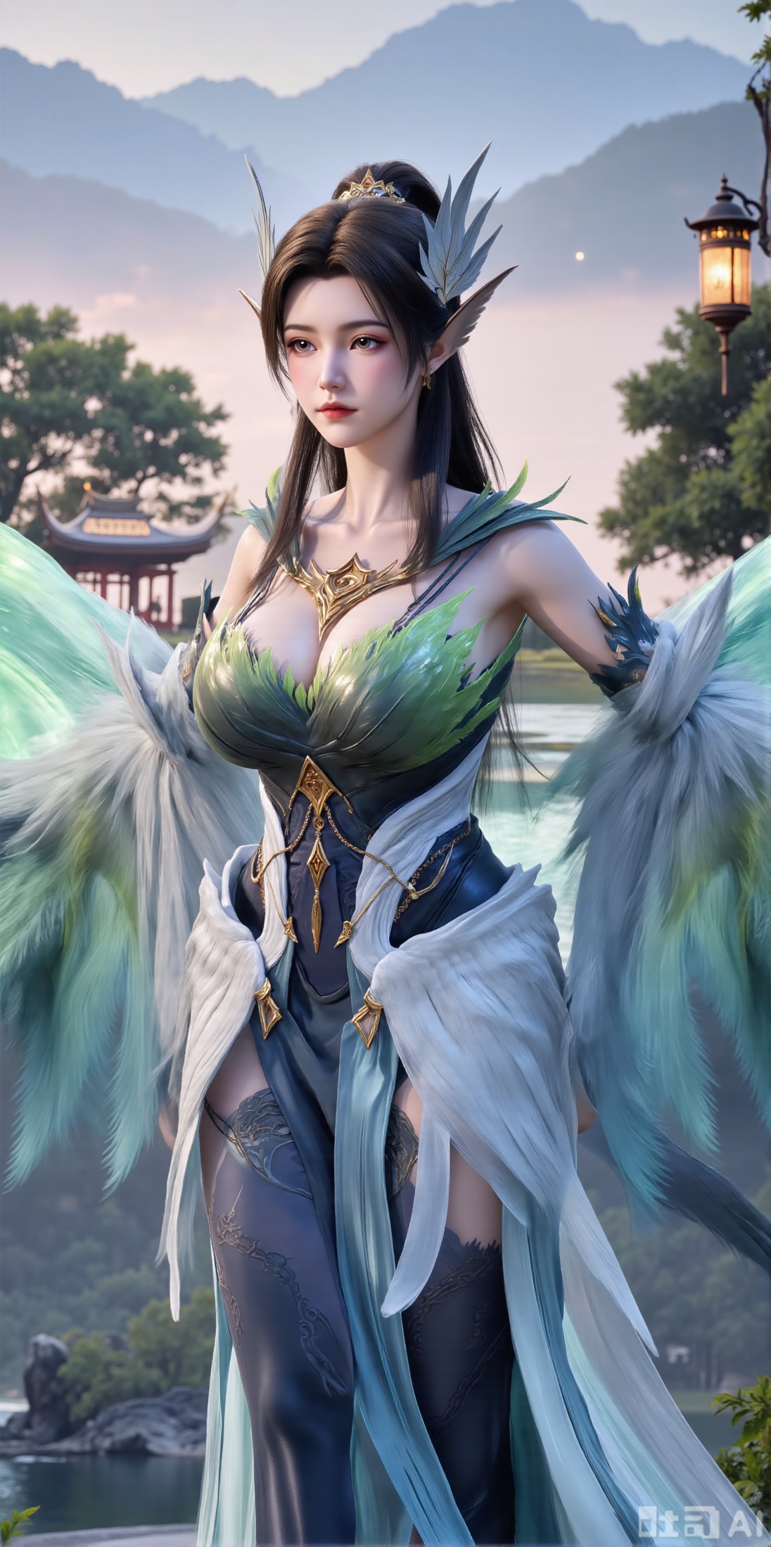 (masterpiece, best quality:1.2),1 girl, solo, long hair, black hair, hair accessories, clothing, cleavage cuts, long dress, jewelry, upper body, earrings. Background is outdoor, sky, clouds, water, trees, architecture, landscape, lantern, mountain, dragon, architecture, bridge, east Asian architecture, fog, pagoda,,(huge breasts:2.99),(full breasts:2.99),XyunxiaoYH3,Xfenlanzhanguopao,XbaifengsongyuYH,Xbigbreasts,XLiquidGlass,XnanxiaochengYH,Xmiaozufushi,Xkejinnudi,Xbiji