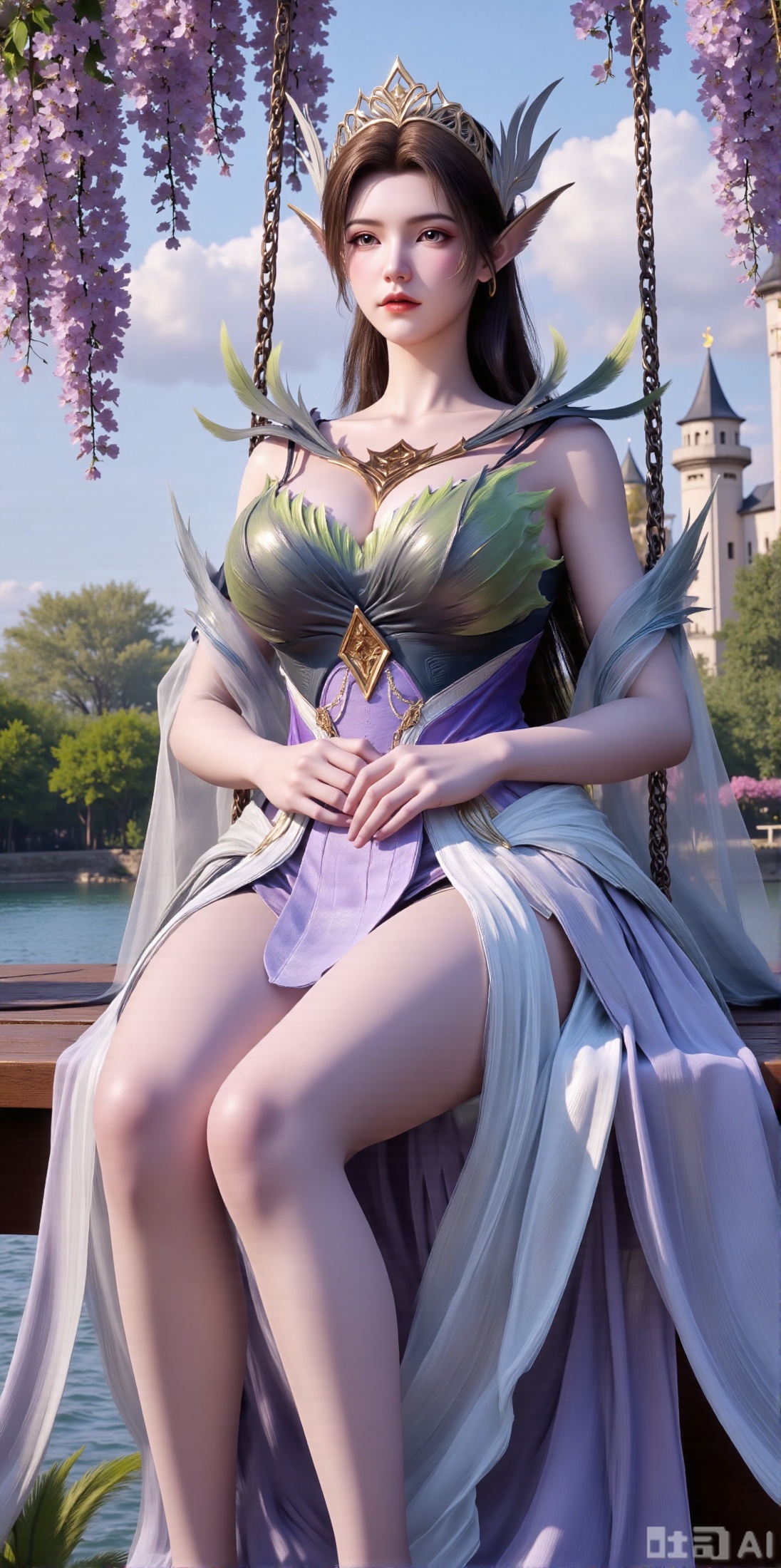 (masterpiece, top quality, best quality, official art, beautiful and aesthetic:1.2),Dynamic posture,(Sitting on the swing:1.39),natural skin texture,(Milky skin:1.2),1gir,solo,long Dress, (Long legs, perfect proportions:1.2),(Sakura, butterfly:1.29),(huge breasts:2.99),(full breasts:2.99),Wisteria, wisteria flowers, castle, waterfall, mountains in the distance,,XyunxiaoYH3,Xfenlanzhanguopao,XbaifengsongyuYH,Xbigbreasts,XLiquidGlass,XnanxiaochengYH,Xmiaozufushi,Xkejinnudi,Xbiji