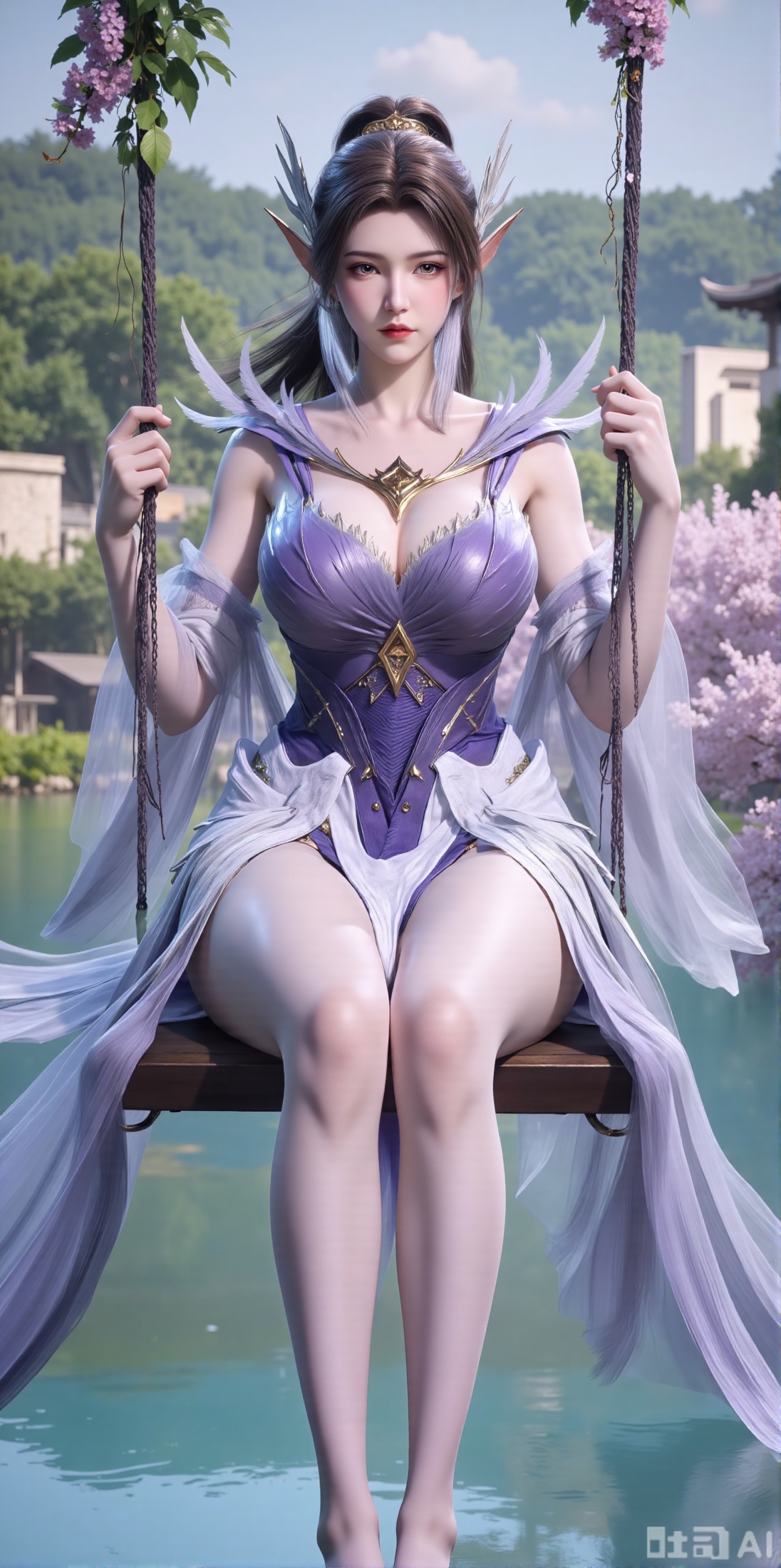 (masterpiece, top quality, best quality, official art, beautiful and aesthetic:1.2),Dynamic posture,(Sitting on the swing:1.39),natural skin texture,(Milky skin:1.2),1gir,solo,long Dress, (Long legs, perfect proportions:1.2),(Sakura, butterfly:1.29),(huge breasts:2.99),(full breasts:2.99),Wisteria, wisteria flowers, castle, waterfall, mountains in the distance,,XyunxiaoYH3,Xfenlanzhanguopao,XbaifengsongyuYH,Xbigbreasts,XLiquidGlass,XnanxiaochengYH,Xmiaozufushi,Xkejinnudi,Xbiji