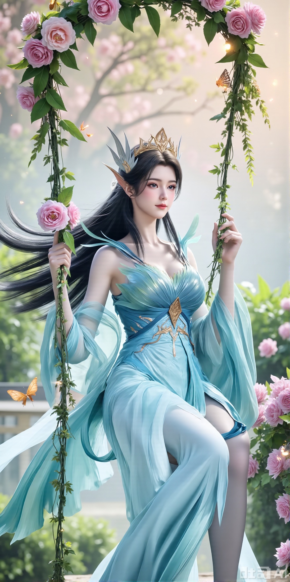 (masterpiece, best quality:1.2),In a cinematic shot with soft sunlight filtering through petals, a delicate fairy-like beauty swings gently on a flower swing amidst a whimsical garden. She wears a pale blue hanfu with flowing wide sleeves and a translucent silk sash tied around her slender figure. Her long black hair with blue highlights cascades down her back, adorned with a pearl hairpin. A gentle smile plays on her innocent eyes as she floats above the flowers, surrounded by fluttering butterflies and golden pollen particles. Magical runes float in the air, casting an ethereal glow. Vines wrap around the ropes of the swing, intertwined with roses and morning glories. The pastel color palette and fantasy atmosphere evoke a sense of wonder and enchantment.,(huge breasts:2.99),(full breasts:2.99),XyunxiaoYH3,Xfenlanzhanguopao,XbaifengsongyuYH,Xbigbreasts,XLiquidGlass,XnanxiaochengYH,Xmiaozufushi,Xkejinnudi,Xbiji