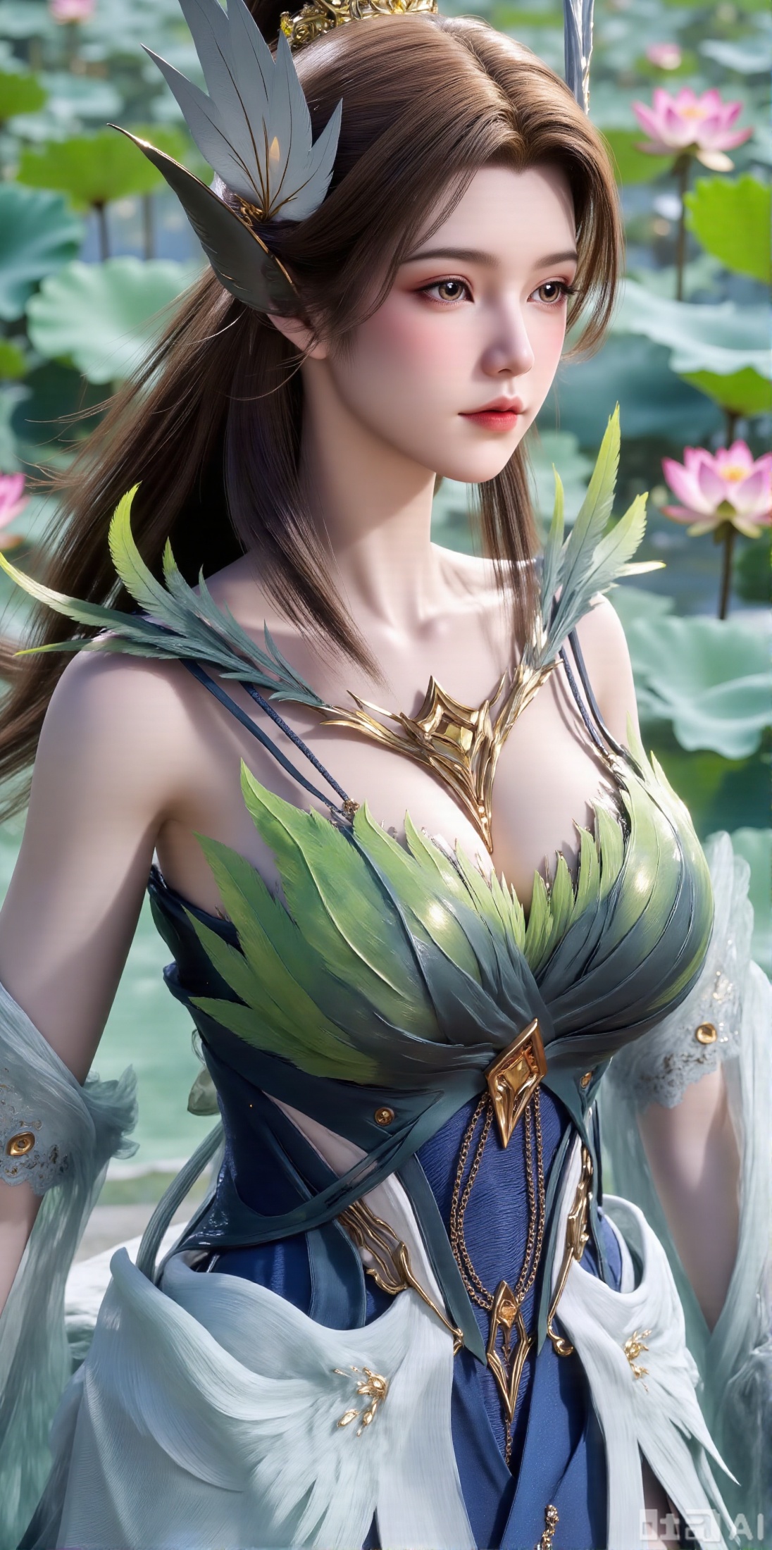  (masterpiece, best quality:1.2),1girl, navel, solo, midriff, bare shoulders, hair ornament,(long hair),(High double ponytail:1.49), red lips, BREAK, (looking at viewer:1.39), chinese clothes,(Holographic long dress:1.36), (lace,Rainbow Gradient Color:1.28), BREAK,blurry, solo focus, long hair, lips, daytime, lipstick, outdoors, standing,upper body,(huge breasts:2.89), background, solo, makeup,(Liquid glass style flowers:1.49),(huge breasts:2.99),(full breasts:2.99),,(Background with lotus pond and pink lotus flowers:1.39),XyunxiaoYH3,Xfenlanzhanguopao,XbaifengsongyuYH,Xbigbreasts,XLiquidGlass,XnanxiaochengYH,Xmiaozufushi,Xkejinnudi,Xbiji