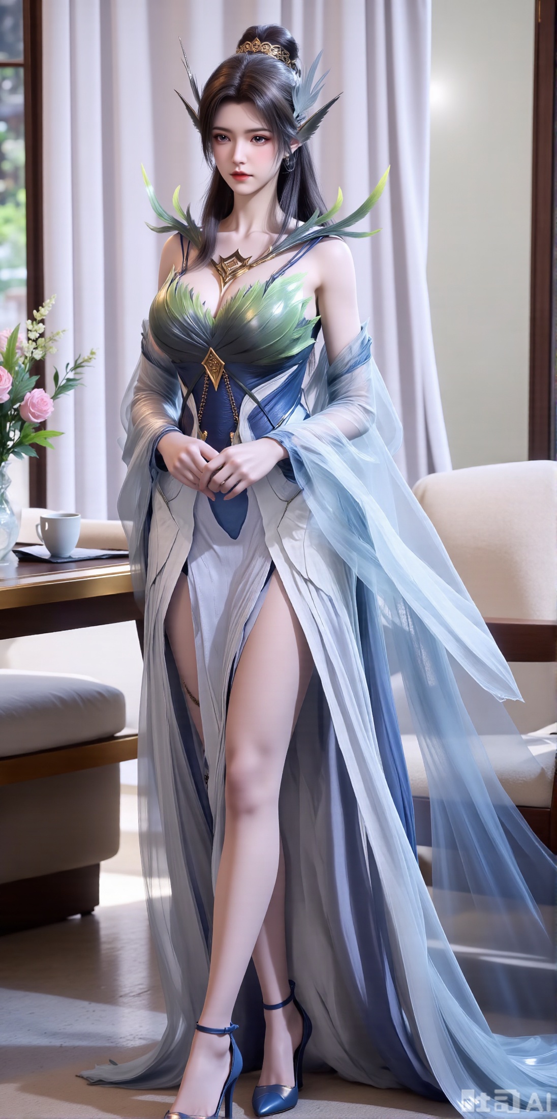  (masterpiece:1.2),Ultra clear, 8k, 1girl, solo, long hair, looking at viewer, bangs,long dress,, bare shoulders, jewelry, black hair, standing, purple eyes, full body, flower, thighs, indoors, hair bun, long dress, high heels, cup, see-through, book, bare legs, window, table, white footwear, standing on one leg, curtains, pink flower, side slit, vase, ,(huge breasts:2.99),(full breasts:2.99),XyunxiaoYH3,Xfenlanzhanguopao,XbaifengsongyuYH,Xbigbreasts,XLiquidGlass,XnanxiaochengYH,Xmiaozufushi,Xkejinnudi,Xbiji