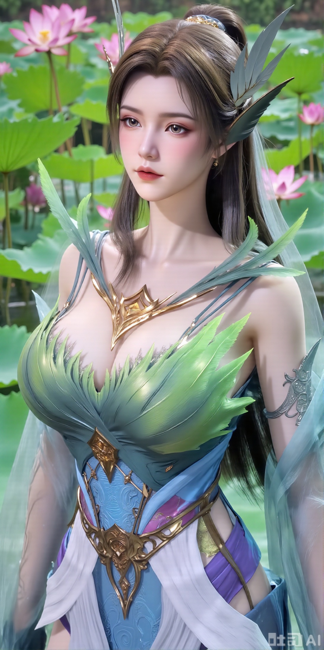  (masterpiece, best quality:1.2),1girl, navel, solo, midriff, bare shoulders, hair ornament,(long hair),(High double ponytail:1.49), red lips, BREAK, (looking at viewer:1.39), chinese clothes,(Holographic long dress:1.36), (lace,Rainbow Gradient Color:1.28), BREAK,blurry, solo focus, long hair, lips, daytime, lipstick, outdoors, standing,upper body,(huge breasts:2.89), background, solo, makeup,(Liquid glass style flowers:1.49),(huge breasts:2.99),(full breasts:2.99),,(Background with lotus pond and pink lotus flowers:1.39),XyunxiaoYH3,Xfenlanzhanguopao,XbaifengsongyuYH,Xbigbreasts,XLiquidGlass,XnanxiaochengYH,Xmiaozufushi,Xkejinnudi,Xbiji