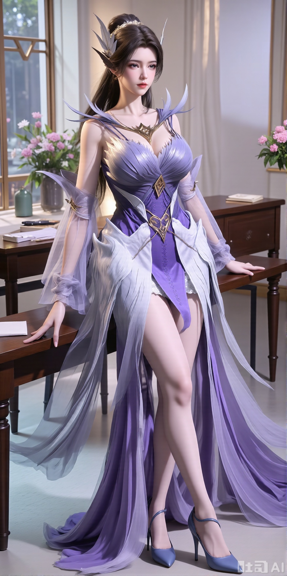  (masterpiece:1.2),Ultra clear, 8k, 1girl, solo, long hair, looking at viewer, bangs,long dress,, bare shoulders, jewelry, black hair, standing, purple eyes, full body, flower, thighs, indoors, hair bun, long dress, high heels, cup, see-through, book, bare legs, window, table, white footwear, standing on one leg, curtains, pink flower, side slit, vase, ,(huge breasts:2.99),(full breasts:2.99),XyunxiaoYH3,Xfenlanzhanguopao,XbaifengsongyuYH,Xbigbreasts,XLiquidGlass,XnanxiaochengYH,Xmiaozufushi,Xkejinnudi,Xbiji