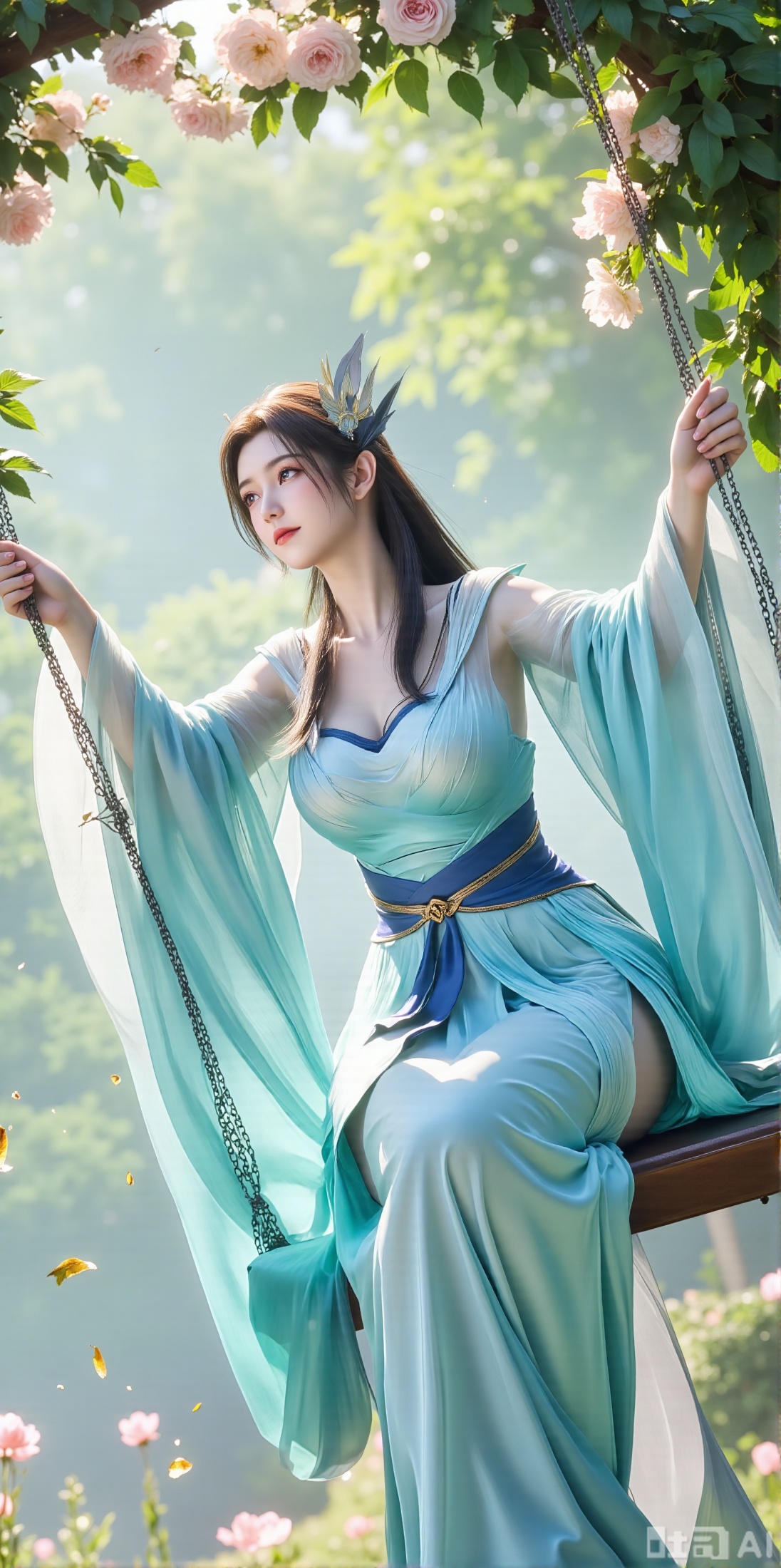 (masterpiece, best quality:1.2),In a cinematic shot with soft sunlight filtering through petals, a delicate fairy-like beauty swings gently on a flower swing amidst a whimsical garden. She wears a pale blue hanfu with flowing wide sleeves and a translucent silk sash tied around her slender figure. Her long black hair with blue highlights cascades down her back, adorned with a pearl hairpin. A gentle smile plays on her innocent eyes as she floats above the flowers, surrounded by fluttering butterflies and golden pollen particles. Magical runes float in the air, casting an ethereal glow. Vines wrap around the ropes of the swing, intertwined with roses and morning glories. The pastel color palette and fantasy atmosphere evoke a sense of wonder and enchantment.,(huge breasts:2.99),(full breasts:2.99),XyunxiaoYH3,Xfenlanzhanguopao,XbaifengsongyuYH,Xbigbreasts,XLiquidGlass,XnanxiaochengYH,Xmiaozufushi,Xkejinnudi,Xbiji