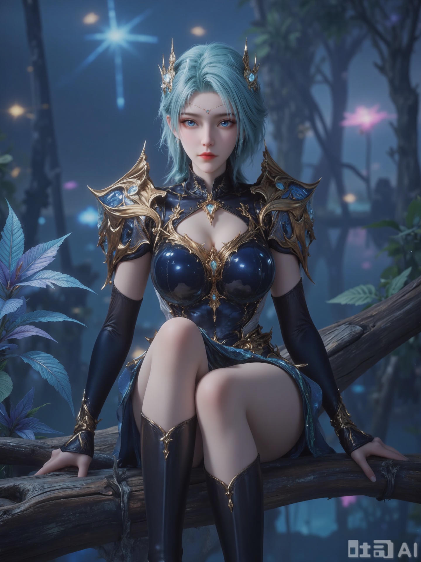 The image depicts a character with short, light blue hair, wearing elaborate armor that includes gold accents and a large, circular, dark-colored piece on the chest. The character is seated on a wooden structure, with their legs crossed and one arm resting on their knee. The background features a mystical, ethereal landscape with various plants and glowing elements, creating a serene and otherworldly atmosphere. The overall scene has a fantasy theme, with a focus on the character's intricate and ornate attire.