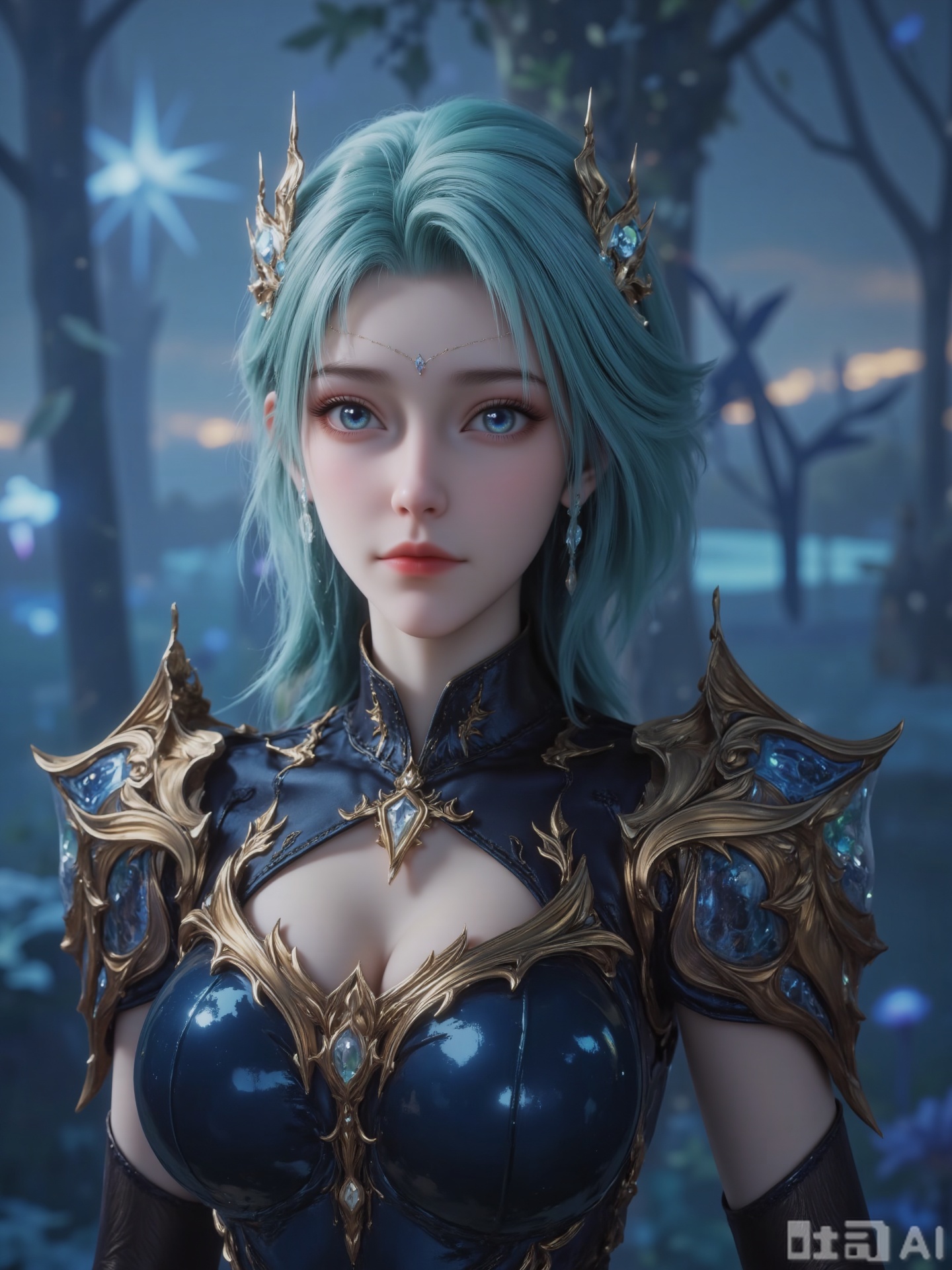 Anime-style,Photograph of a fantasy scene featuring a beautiful woman with teal hair and pale skin. She is adorned in elaborate, dark blue and gold armor with intricate designs. Her armor includes a high collar and shoulder guards. She has a delicate, ethereal expression and a small, golden pendant at her collar. The background is a mystical, ethereal forest with glowing blue crystals. The lighting is soft and magical, enhancing the fantasy atmosphere. The image has a high-quality, cinematic feel, likely from a video game or a fantasy film. The style is realistic with a touch of fantasy art.,zichu-BD