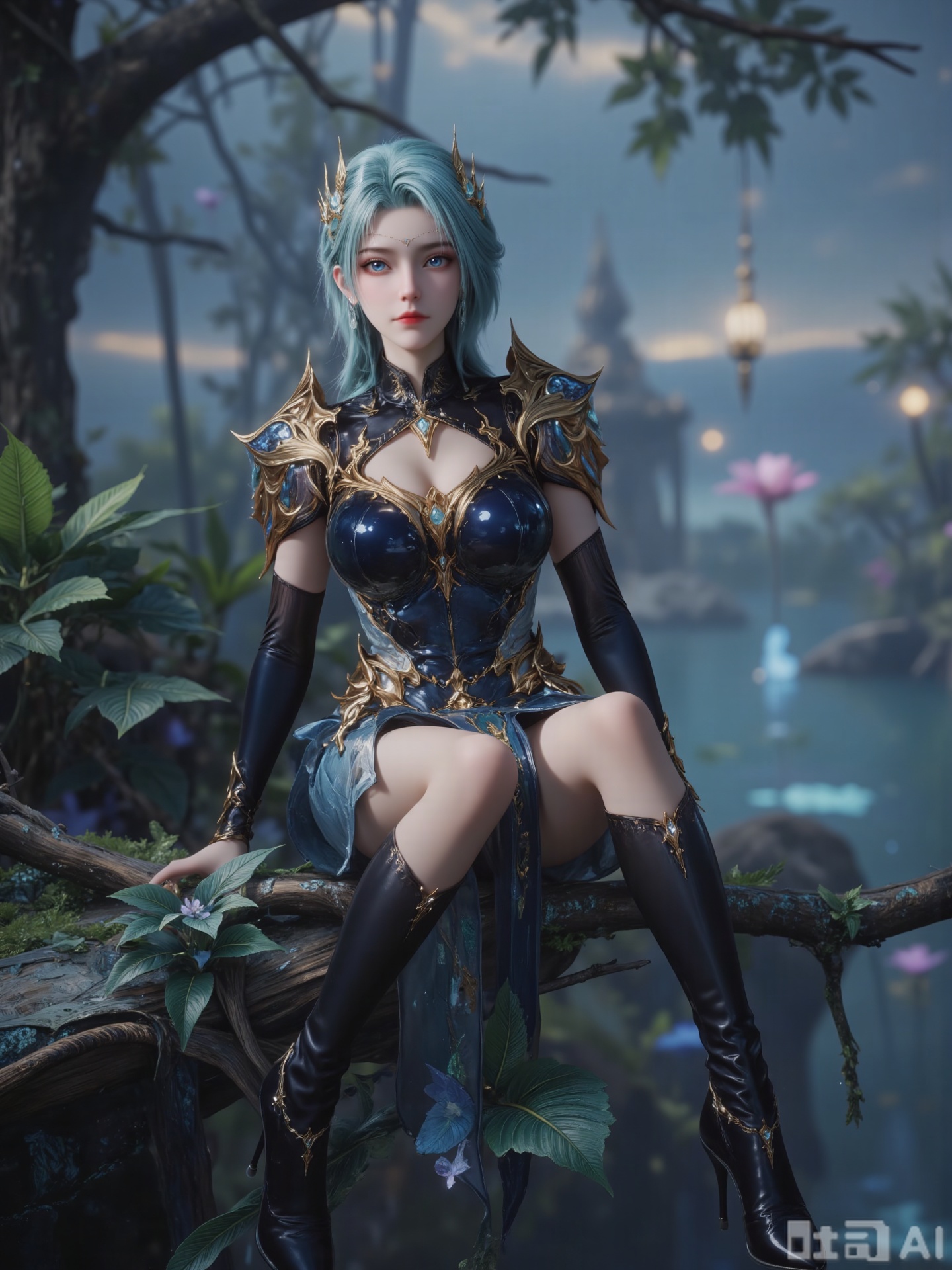 A digital painting of a young woman with fair skin and eye-catching blue eyes framed by short water-blue hair. She wore an intricate, gorgeous golden crown with blue jewellery and earnings
She wore a well-crafted dark blue and gold armor with a complex design. Her armor includes turtlenecks and shoulder pads. She had a delicate and ethereal expression, a small golden pendant on her collar, and a pair of black high-heeled boots with silver jewelry on her boots.
She sat on the thousand-year-old vine across the waterfall, bent her left knee and reached the vine body, drooped her water mist with her right foot, stretched her arms as if she was carrying the sky light, and her palms were full of light orchids.
The water vapor in the rainforest condenses into beads and slides down from the collarbone, and Ning Xiao resonates with everything at the corner of his lips. ​​​The halo of the creatures: The rift of the tree canopy casts a beam of holy pillars, refracting the iridescent on the orchid and fritillar skirts; the fireflies living in the vines rise a green and golden halo, and the butterfly wings phosphor powder floats with the water mist, coating her with flowing stardust. Crystal particles splashed by the waterfall were suspended in the air.
The background is the heart of the original Amazon rainforest. The roots of giant trees are like columns of temples, the bromeliad plants hang upside down, and the waterfalls roar among the mossy rocks to form a deep emerald color pool. The macaw swept across the vine curtain, and the transparent tree snake coiled around the branches. The pyramid-shaped ant mound appears and appears in the clouds in the distance, and the ferns grow into jade curtain walls. ​​​The atmosphere is spiritual, abundant, and divine symbiosis. The tones are mainly emerald, iridescent blue-purple, and amber gold. The light and shadow levels are like ecological breathing (the beam penetrates water mist + biological light intertwined), and the details such as leaf veins, fritillar ribs, vine marks, and water droplets all have an oracle sense.,photo shoot,zichu-BD