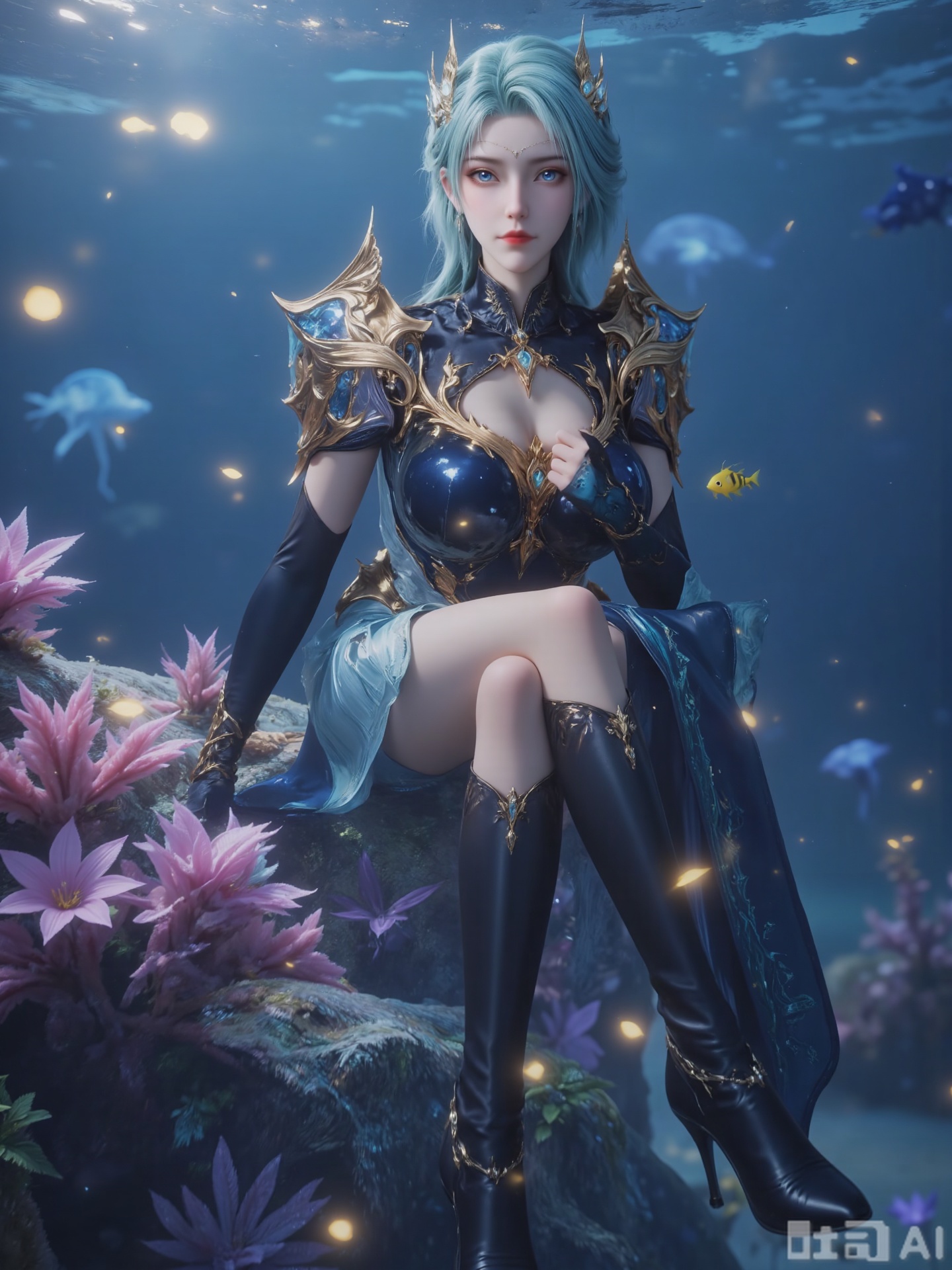 A digital painting of a young woman with fair skin and eye-catching blue eyes framed by short water-blue hair. She wore an intricate, gorgeous golden crown with blue jewellery and earnings
She wore a well-crafted dark blue and gold armor with a complex design. Her armor includes turtlenecks and shoulder pads. She had a delicate and ethereal expression, a small golden pendant on her collar, and a pair of black high-heeled boots with silver jewelry on her boots.
She was light in her posture, kneeling on a "flower bed" woven by glowing coral branches - the coral branches were gradually changing with rose gold and light pink, with fluorescent anemones the size of a thumb (goose yellow, light purple) blooming in the gap, and the petal-shaped anemone tentacles trembled with the water. The light source comes from above and around: the sunlight that penetrates the sea surface reflects light golden spots on the water surface, sprinkling on the coral flower bed; the cruising clown fish (bright yellow, orange and red) shuttles between the coral branches, and the gloomy light of the fluorescent anemone plates her blonde hair, coral-wrapped breasts and jellyfish skirt with a flowing halo. The background is the shallow sea coral garden at dusk - above is the gradient light blue to pink purple sky, and the clouds are kneaded into silk threads by the sea breeze; near is the "flower wall" intertwined with deer antler corals and brain corals, and purple and orange-red corals stretch their tentacles; in the distance, there are translucent luminous jellyfish groups like floating tulle, and light penetrates the sea water to form a hazy Tindal effect. The overall atmosphere is warm and romantic, with the tones mainly pink, gold, light purple, goose yellow. The light and shadow are like honey. The details are like the delicate texture of coral petals, the warm luster of pearls, and the soft trembling of sea anemone tentacles are all revealed, just like a deep-sea wedding painting kissed by the sun.