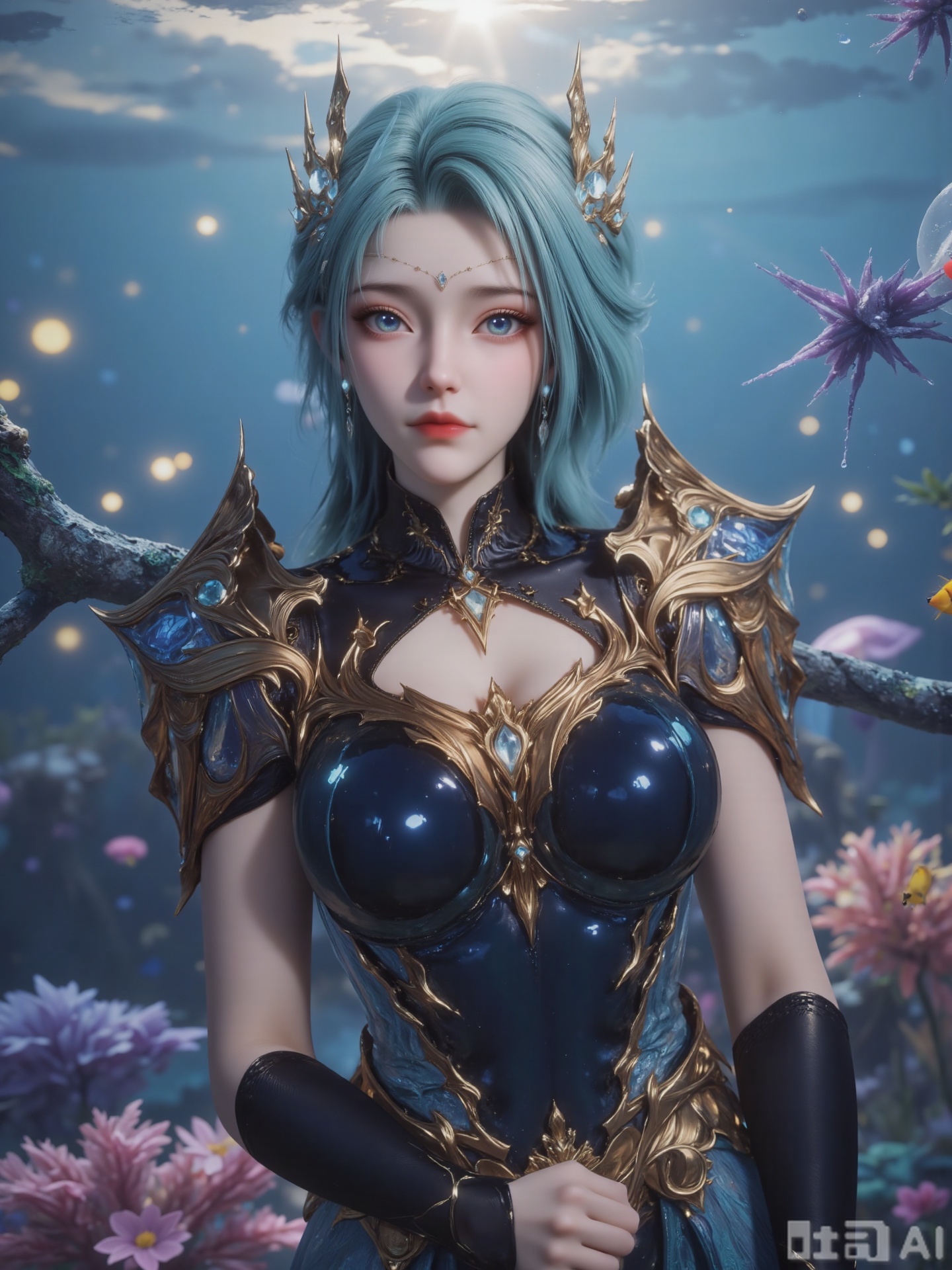 A digital painting of a young woman with fair skin and eye-catching blue eyes framed by short water-blue hair. She wore an intricate, gorgeous golden crown with blue jewellery and earnings
She wore a well-crafted dark blue and gold armor with a complex design. Her armor includes turtlenecks and shoulder pads. She had a delicate and ethereal expression, a small golden pendant on her collar, and a pair of black high-heeled boots with silver jewelry on her boots.
She was light in her posture, kneeling on a "flower bed" woven by glowing coral branches - the coral branches were gradually changing with rose gold and light pink, with fluorescent anemones the size of a thumb (goose yellow, light purple) blooming in the gap, and the petal-shaped anemone tentacles trembled with the water. The light source comes from above and around: the sunlight that penetrates the sea surface reflects light golden spots on the water surface, sprinkling on the coral flower bed; the cruising clown fish (bright yellow, orange and red) shuttles between the coral branches, and the gloomy light of the fluorescent anemone plates her blonde hair, coral-wrapped breasts and jellyfish skirt with a flowing halo. The background is the shallow sea coral garden at dusk - above is the gradient light blue to pink purple sky, and the clouds are kneaded into silk threads by the sea breeze; near is the "flower wall" intertwined with deer antler corals and brain corals, and purple and orange-red corals stretch their tentacles; in the distance, there are translucent luminous jellyfish groups like floating tulle, and light penetrates the sea water to form a hazy Tindal effect. The overall atmosphere is warm and romantic, with the tones mainly pink, gold, light purple, goose yellow. The light and shadow are like honey. The details are like the delicate texture of coral petals, the warm luster of pearls, and the soft trembling of sea anemone tentacles are all revealed, just like a deep-sea wedding painting kissed by the sun.