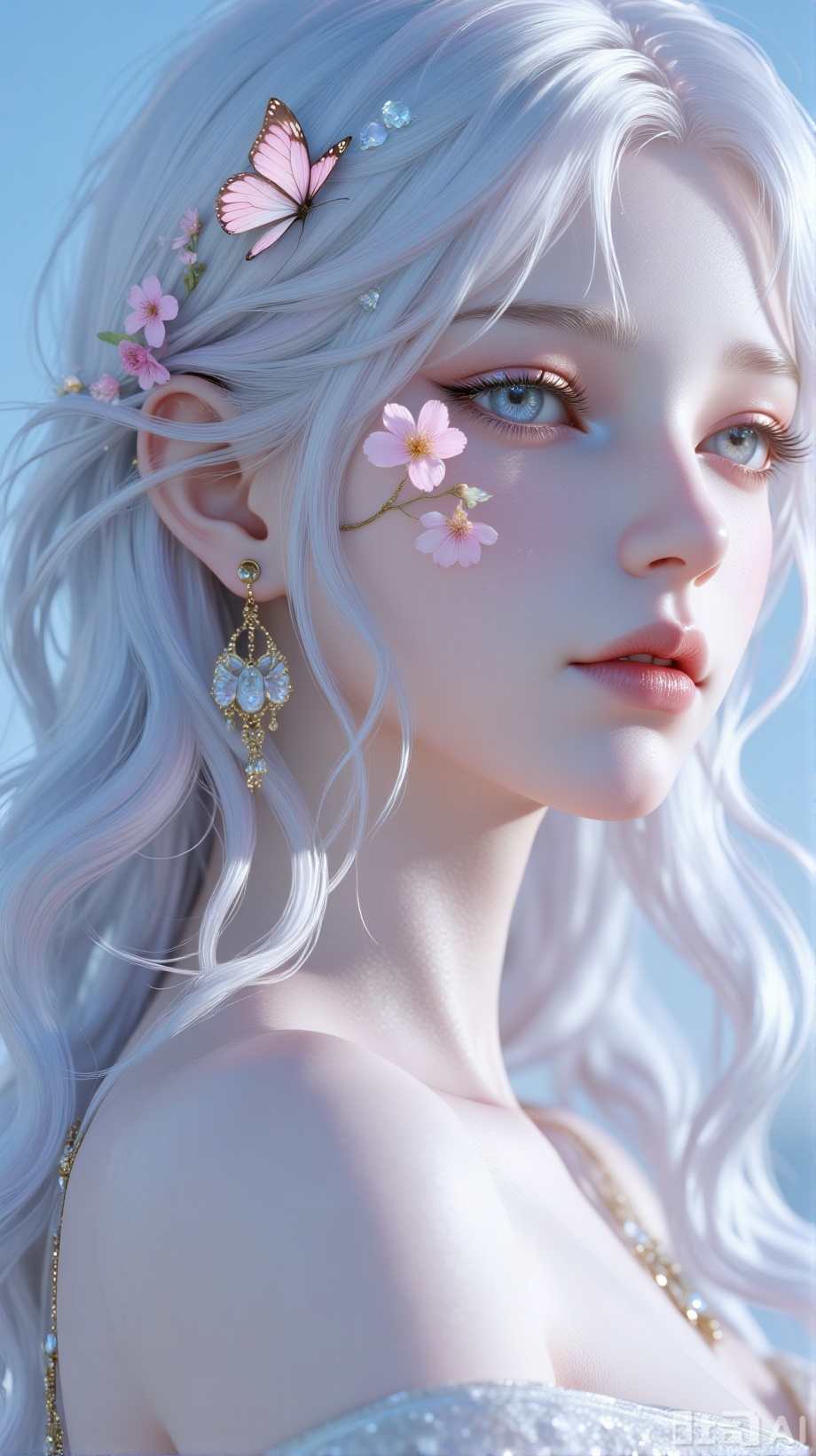 A close-up shot of a lone girl with long, flowing blue hair and expressive blue eyes. She is holding a delicate flower in her hand, her bare shoulders exposed. Her head is tilted slightly, lips curved in a gentle smile. The lighting is soft and natural, highlighting the texture of her hair and the vibrant color of the flower. The focus is on her upper body and head, with subtle head fins adding a whimsical touch.

