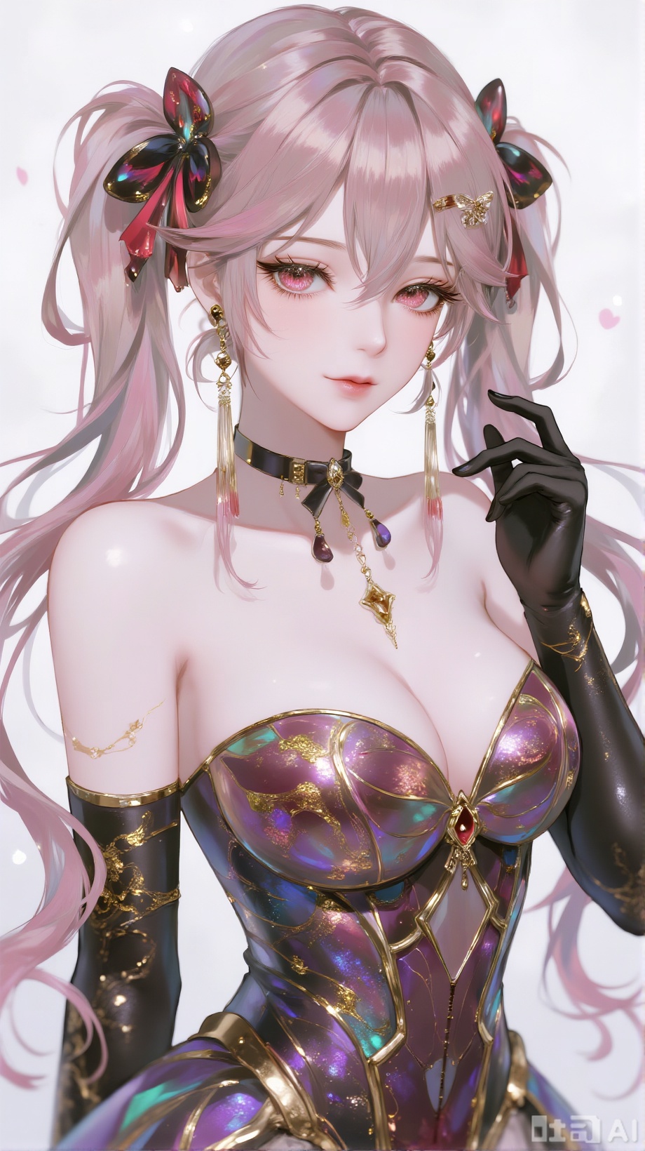 1girl, solo, long hair, breasts, looking at viewer, smile, bangs, brown hair, black hair, hair ornament, red eyes, gloves, bow, ribbon, cleavage, hair between eyes, bare shoulders, twintails, jewelry, medium breasts, very long hair, closed mouth, upper body, choker, black gloves, hairclip, elbow gloves, belt, hand up, bowtie, star \(symbol\), leotard, strapless, black bow, black choker, buckle