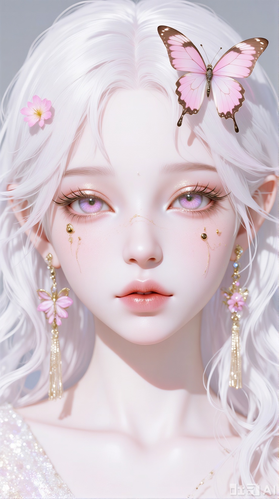 1girl, solo, looking at viewer, hair ornament, jewelry, purple eyes, flower, white hair, earrings, parted lips, lips, eyelashes, bug, butterfly, portrait, pink flower, freckles