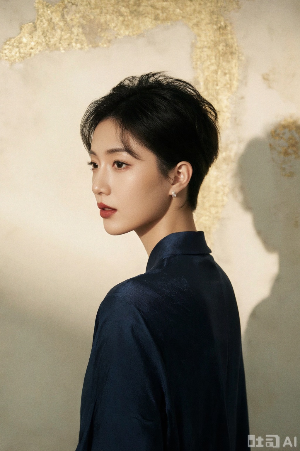 A short-haired Eastern woman exudes elegance in simplicity. Blending modern and Eastern aesthetics, backlight forms a golden contour light, with oil painting texture rendering. Using navy blue and beige, the blank-leaving composition creates artistic conception, with an oblique angle capturing her focus in gazing into the distance..plns,xzs,
