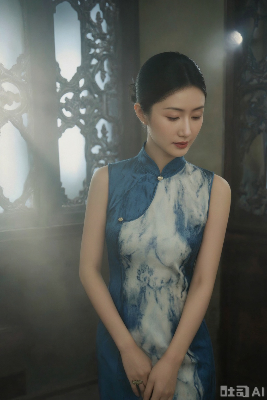 An Eastern woman in an elegant cheongsam exudes gentle grace. Blending new Chinese and classical styles, soft light filters through carved window lattices, creating delicate global illumination. With indigo and moon-white as the main tones, it uses the rule of thirds, capturing her bowing moment from a 45° upward angle..plns,xzs,