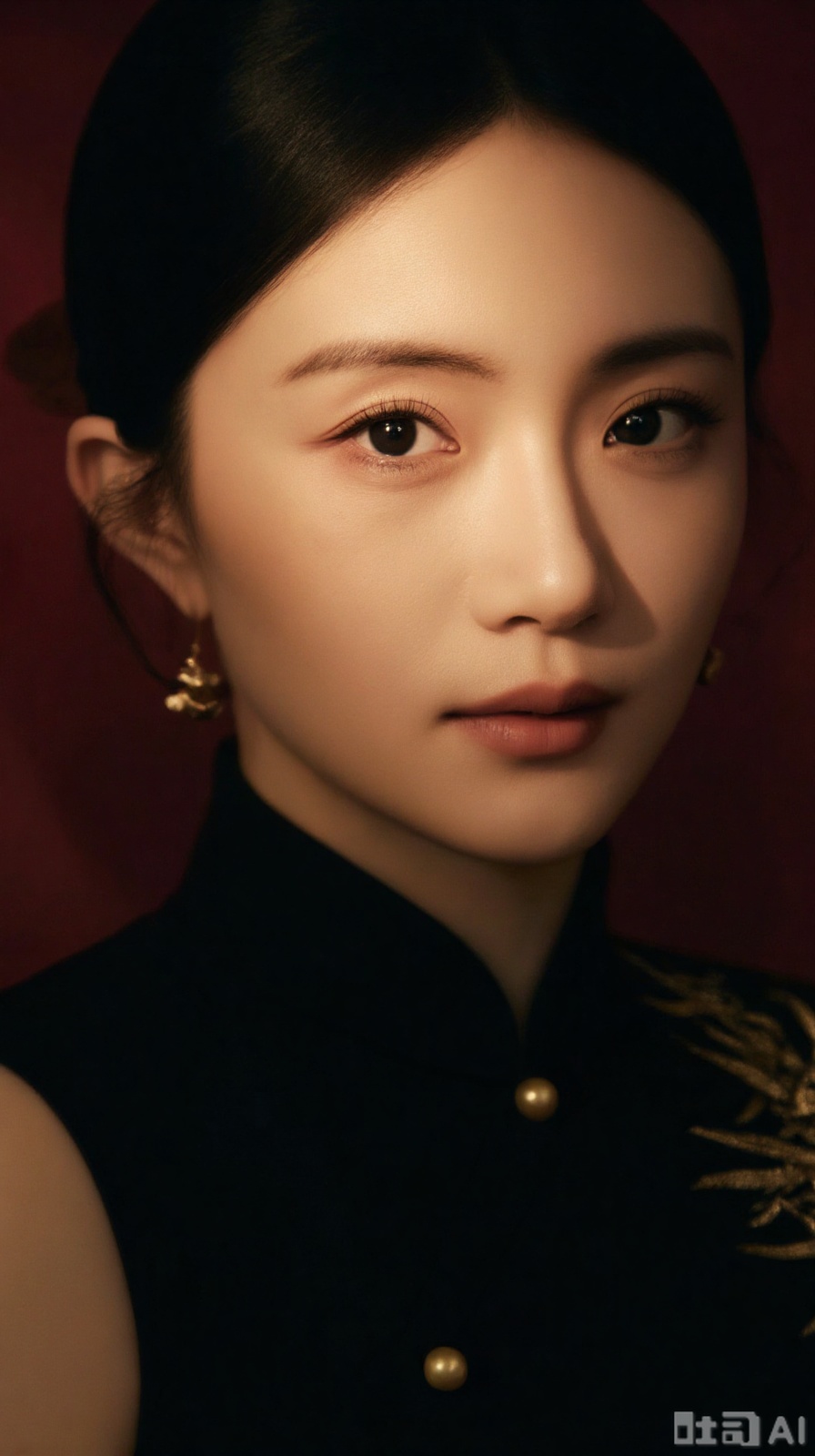 plns,xzs, An oriental woman in a black cheongsam with golden bamboo patterns, dark red background. Close - up, light and shadow highlight facial contours. Retro and rich tone, showing classical charm.