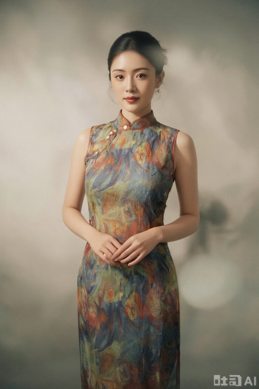 An Oriental woman, Elegant,Portrait.colorful sleeveless cheongsam.plns,xzs,Tyndall effect,jzbj