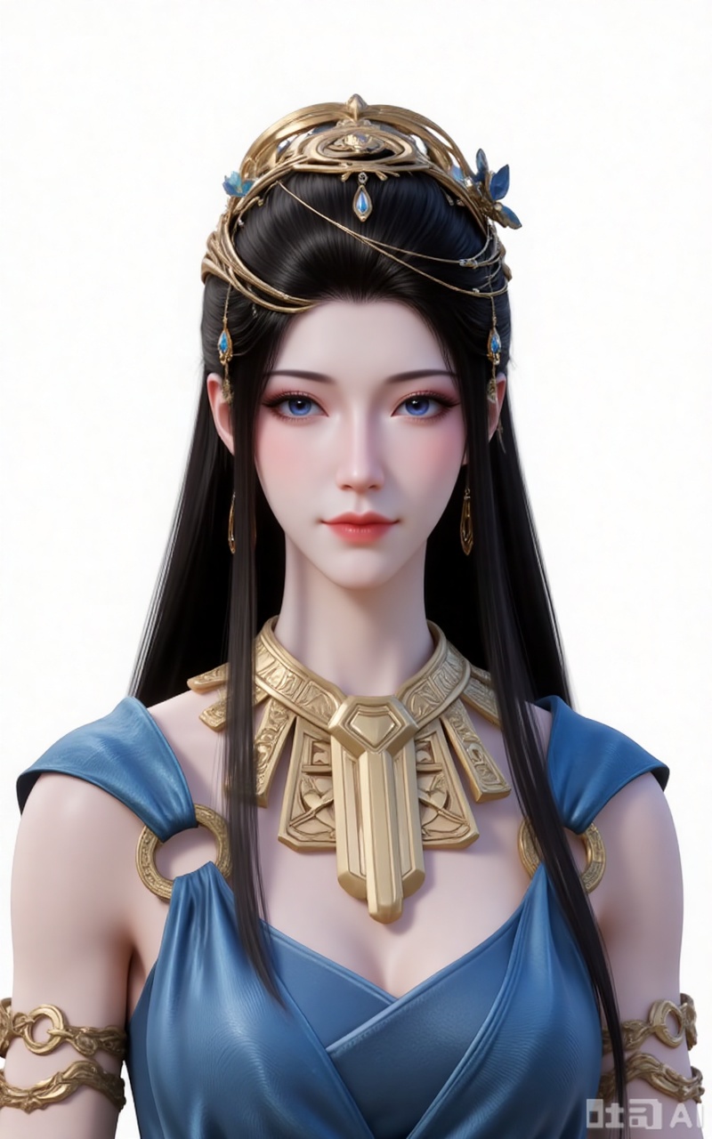 1girl, solo, long hair, blue eyes, black hair, hair ornament, jewelry, closed mouth, upper body, outdoors,  looking to the side, portrait, 
white_background,simple background,
lvjing,lvjing,guanghuapifu,xiaowu,pifu,yafei,meidusha,yuanyao