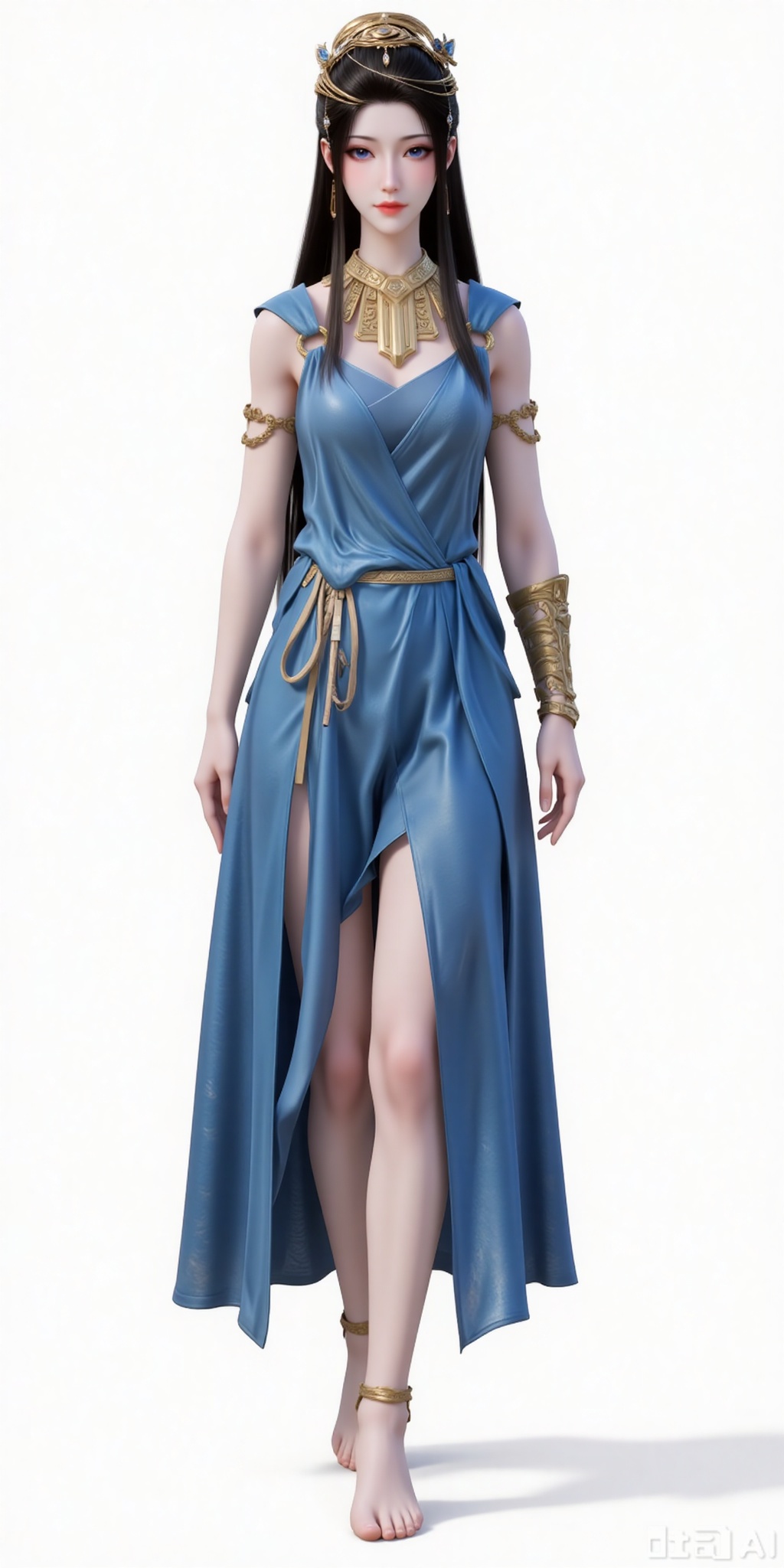 1girl,solo,long hair,brown hair,dress,jewelry,standing,blue eyes,barefoot,bracelet,blue dress,armlet,anklet,full body,
white_background,simple background,
lvjing,lvjing,guanghuapifu,xiaowu,pifu,yafei,meidusha,yuanyao